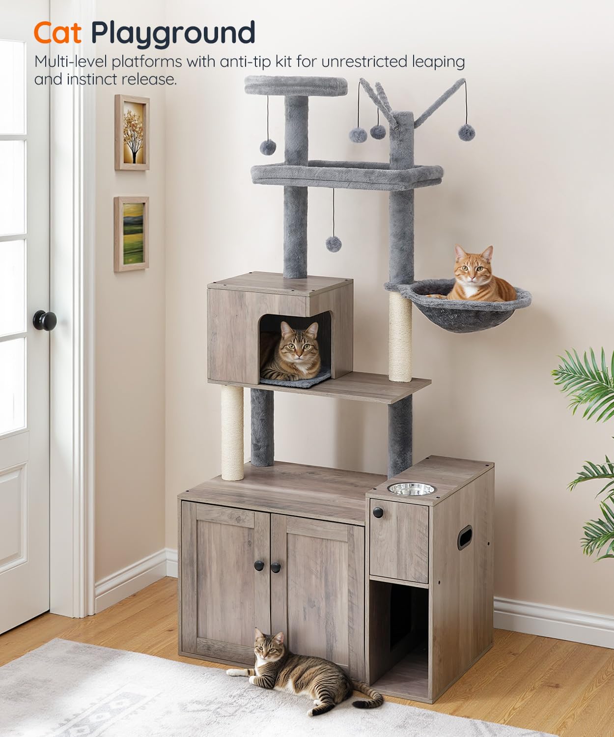 HOOBRO cat tree food nook right side demonstrates convenient dining spot for felines