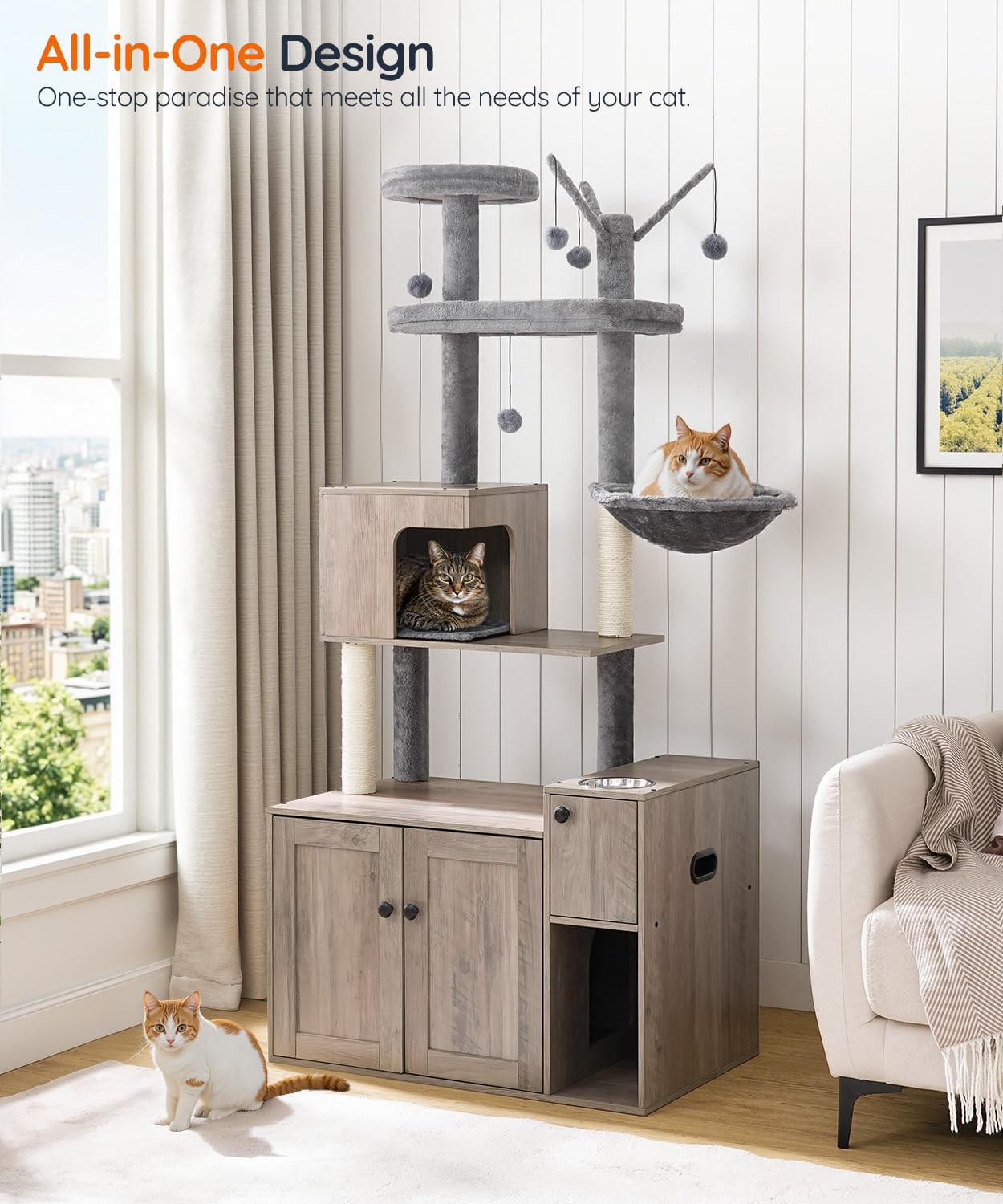 HOOBRO cat tree hidden litter house side angle highlights privacy and odor-conscious design
