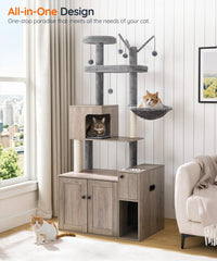 HOOBRO cat tree hidden litter house side angle highlights privacy and odor-conscious design