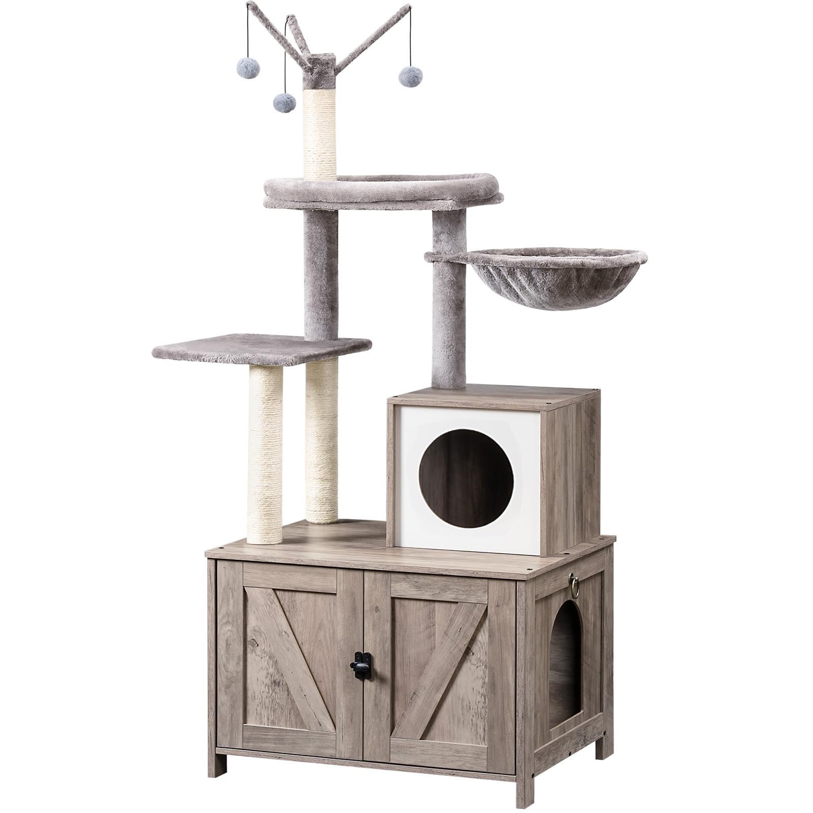 HOOBRO cat tree litter enclosure shows private washroom for neat litter setup