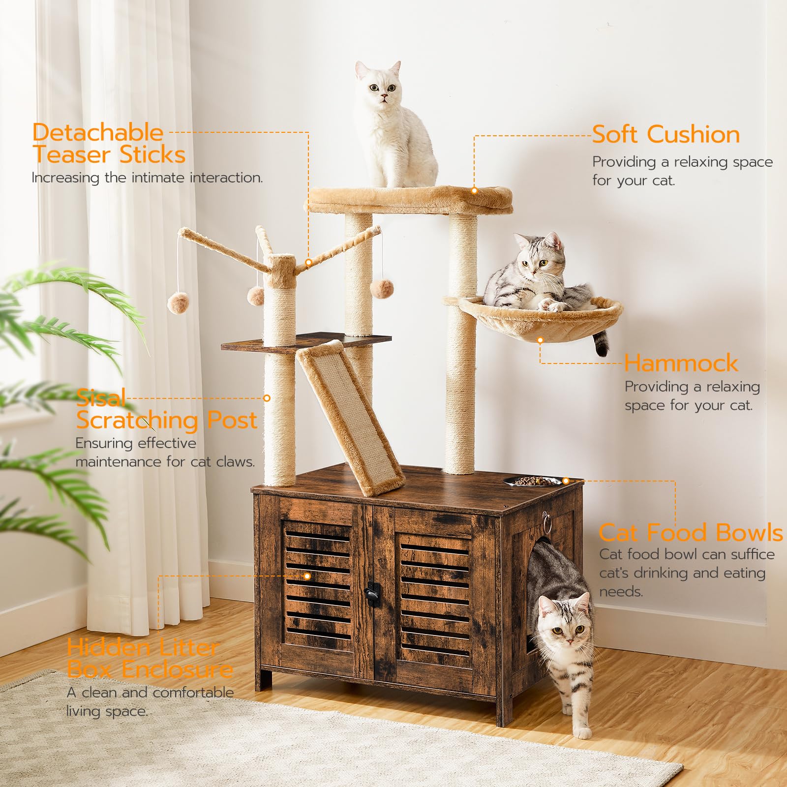 HOOBRO cat-tree sisal pillars of varied heights invite climbing and scratching.