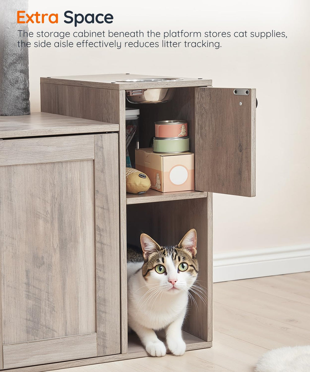 HOOBRO cat tree storage cabinet beneath platform keeps snacks and toys organized