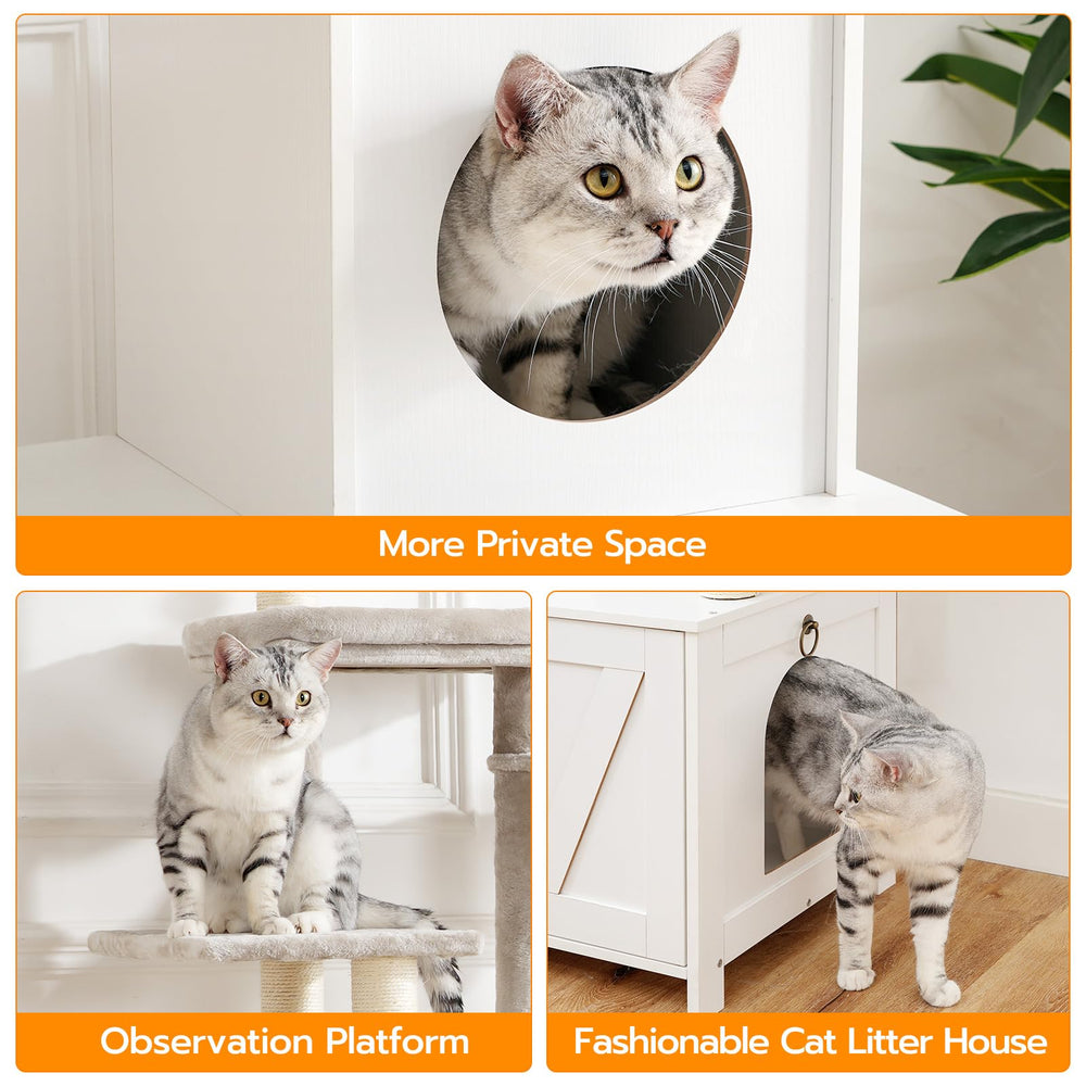 HOOBRO cat tree tower magnetic doors enable quiet access to litter space