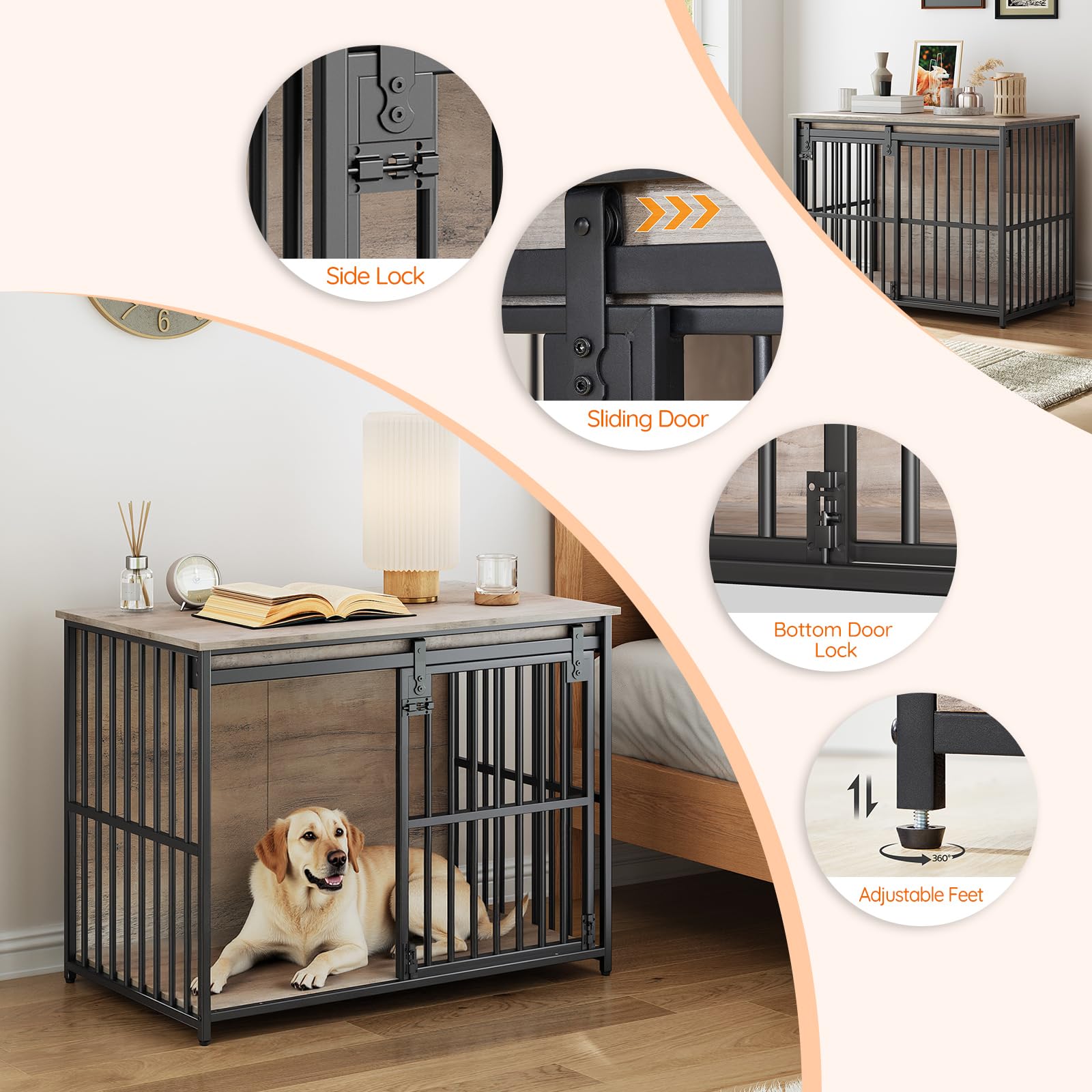 HOOBRO dog crate furniture three latches enhance secure access.