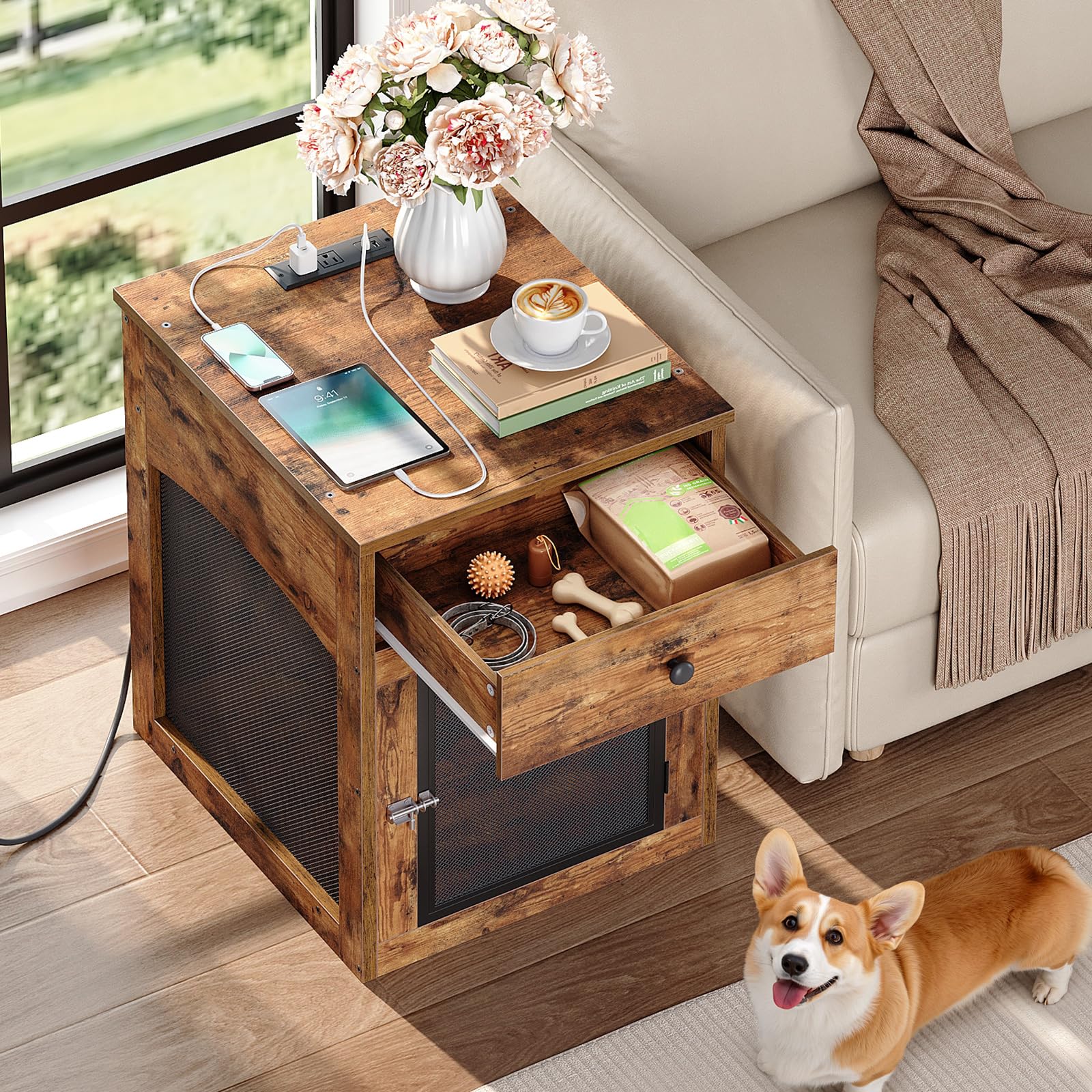 HOOBRO dog crate furniture 3-sided mesh ensures airflow and pet visibility.