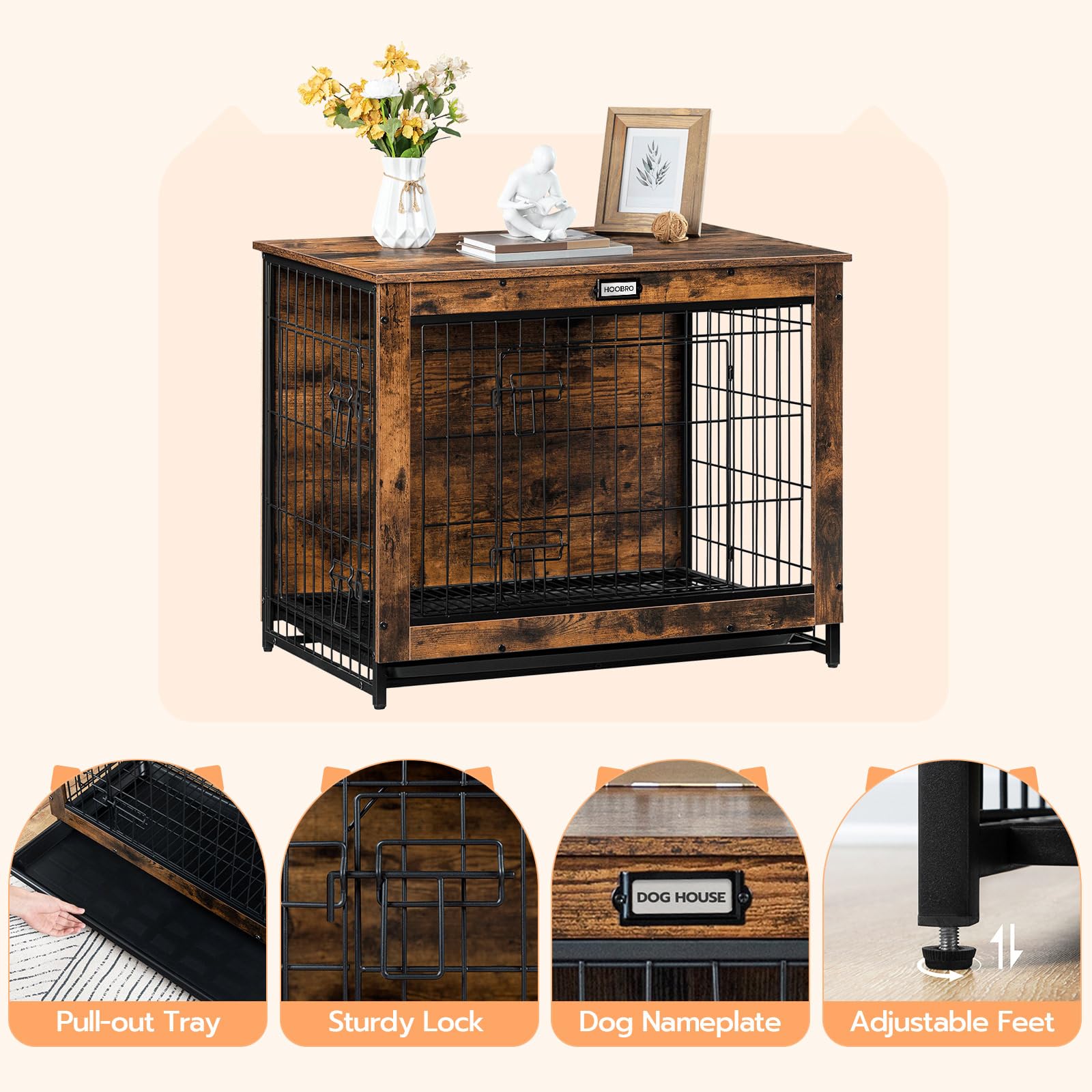 HOOBRO dog crate furniture dimensions 31.5 in L x 21.7 in W x 25.4 in H provide ample space