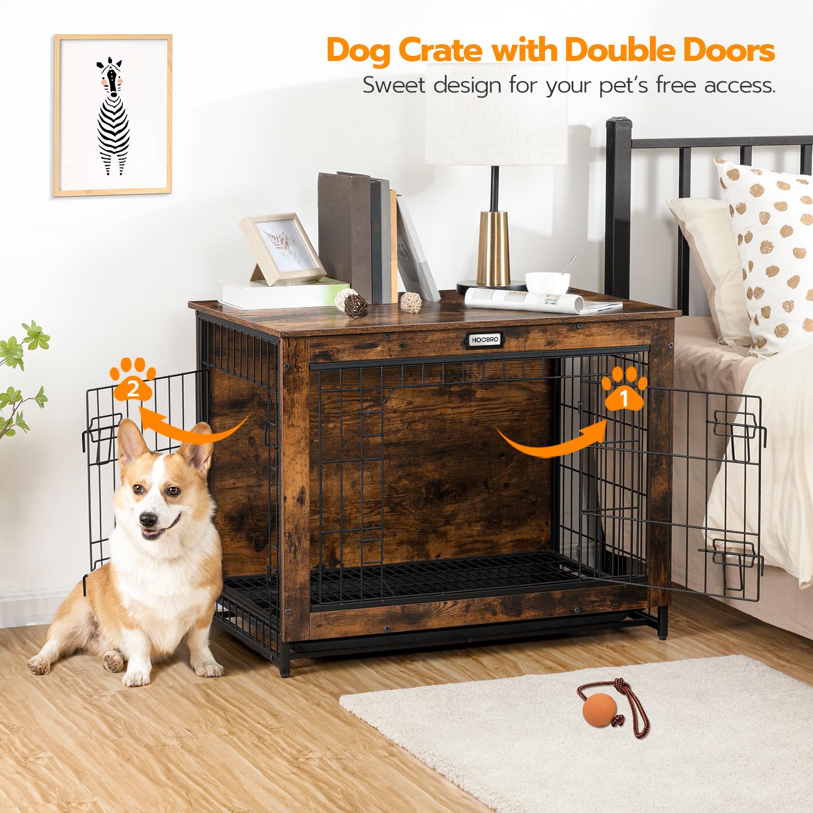 HOOBRO dog crate furniture double doors provide easy access for quick pet breaks