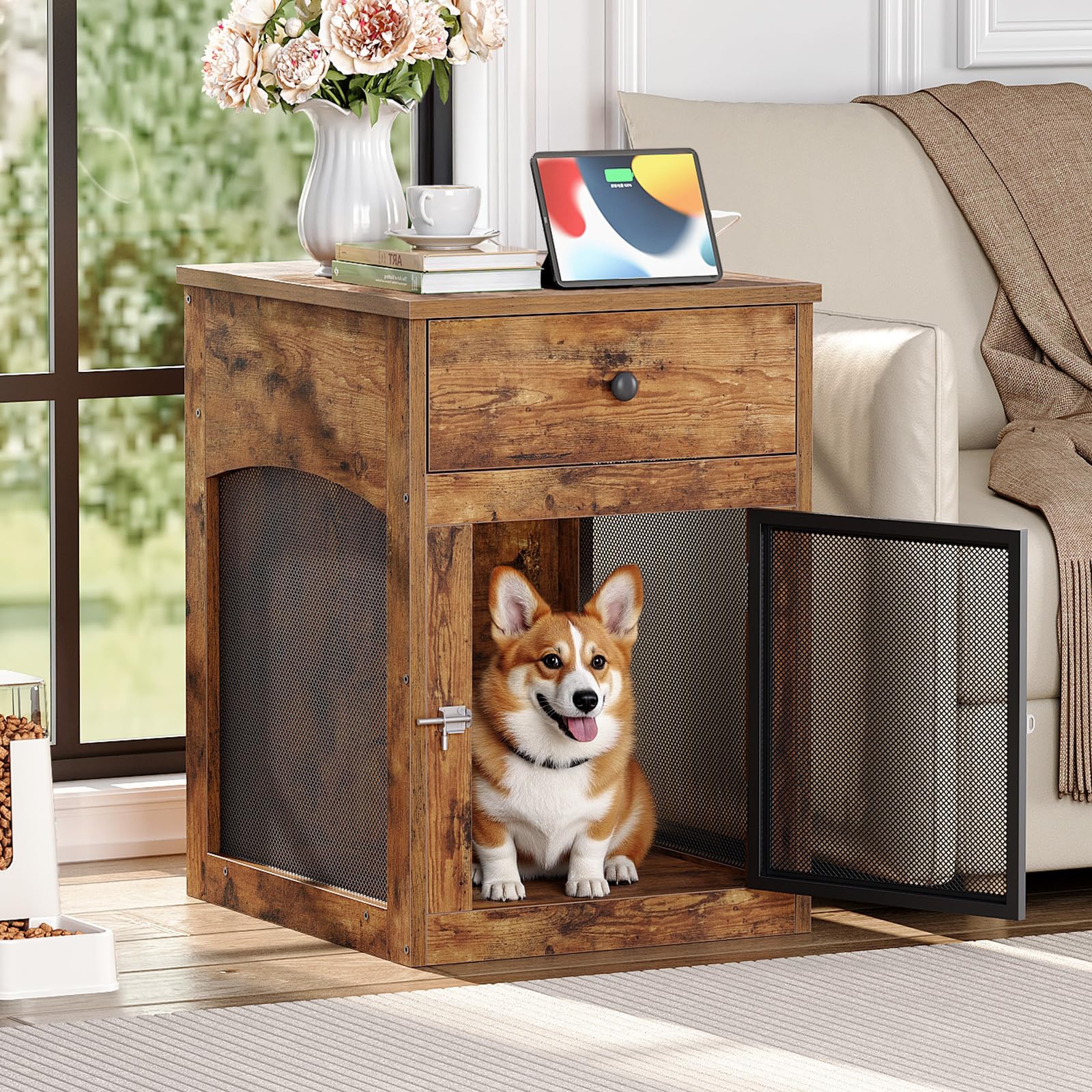 HOOBRO dog crate furniture drawer storage organizes toys and food neatly.
