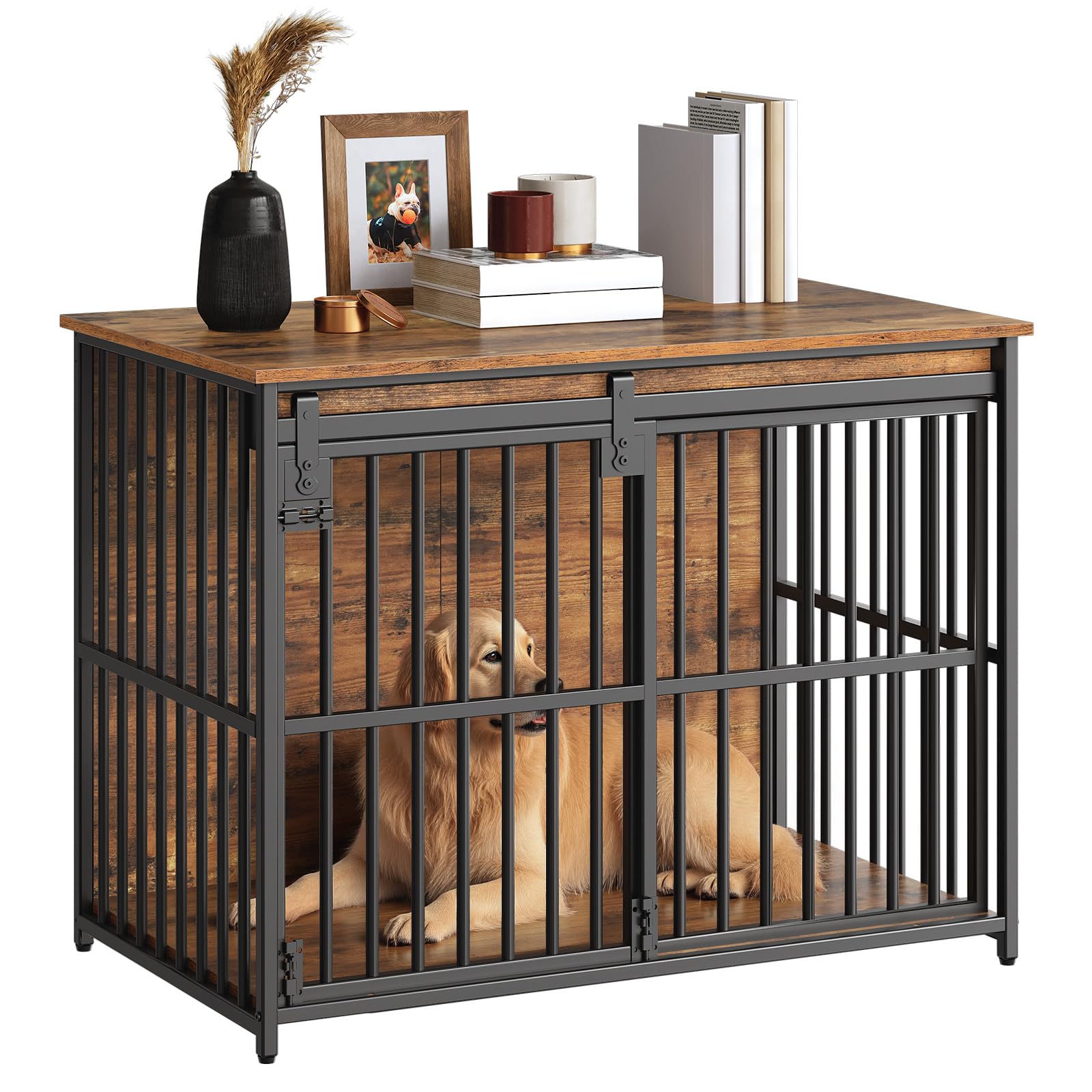 HOOBRO dog crate furniture front view with sliding door and secure latches