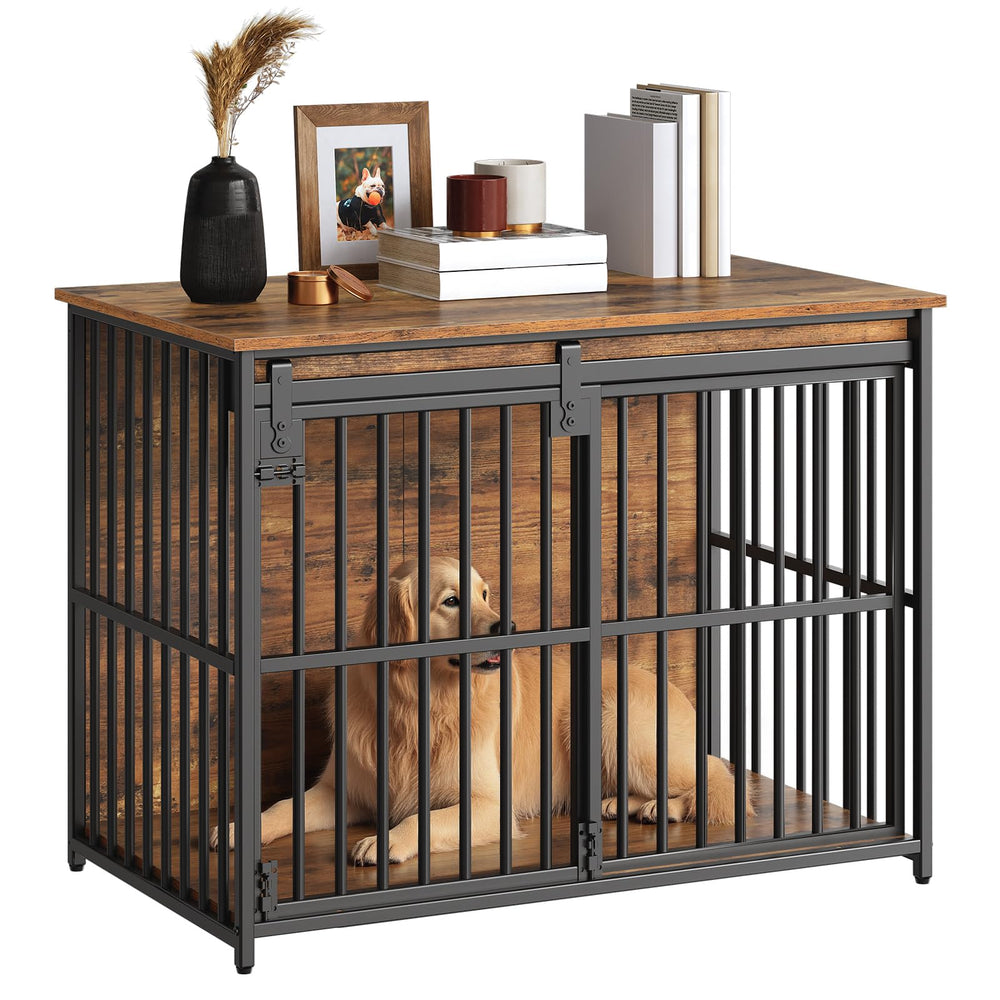 HOOBRO dog crate furniture front view with sliding door and secure latches