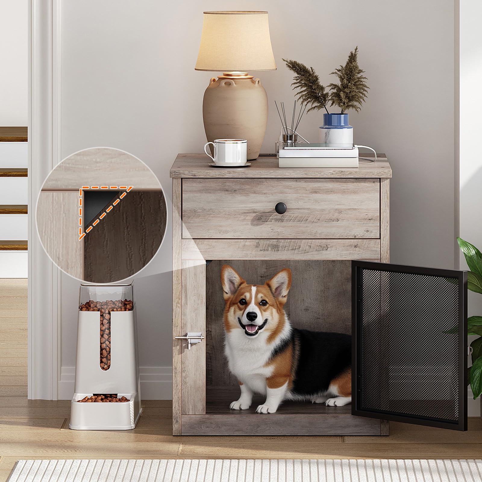 HOOBRO dog crate furniture greige and black finish complements modern interiors.