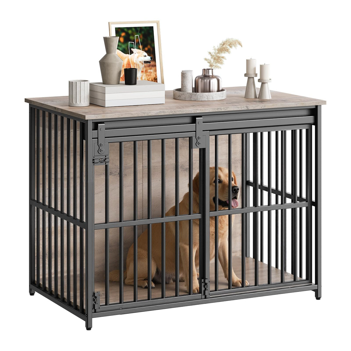HOOBRO dog crate furniture sliding door for easy access and secure confinement.