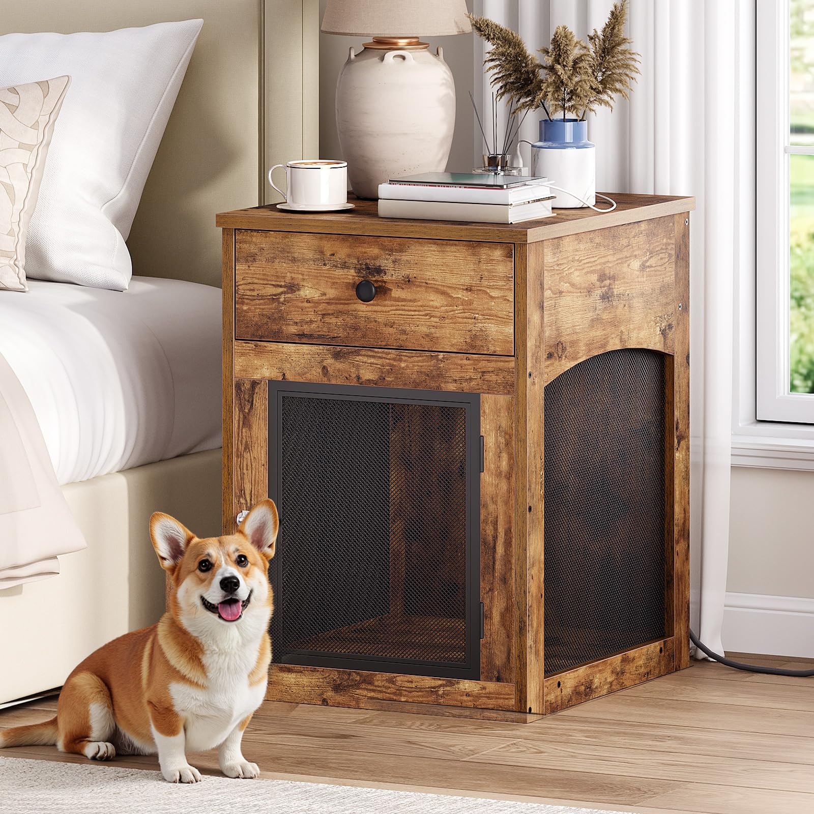 HOOBRO dog crate furniture with metal frame provides ventilation and style.