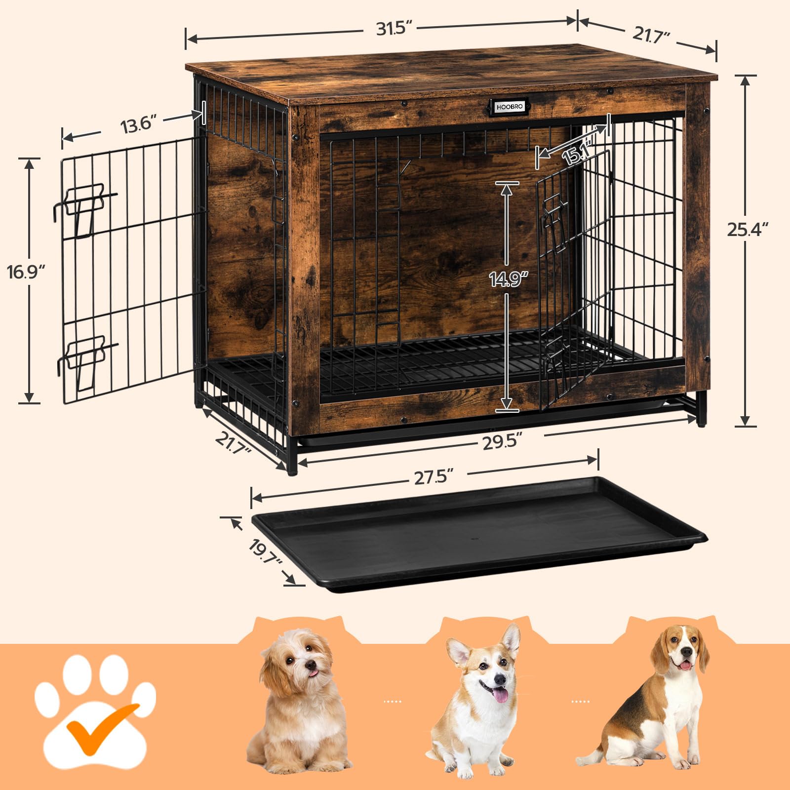 HOOBRO dog crate furniture rustic brown finish adds warm, natural charm