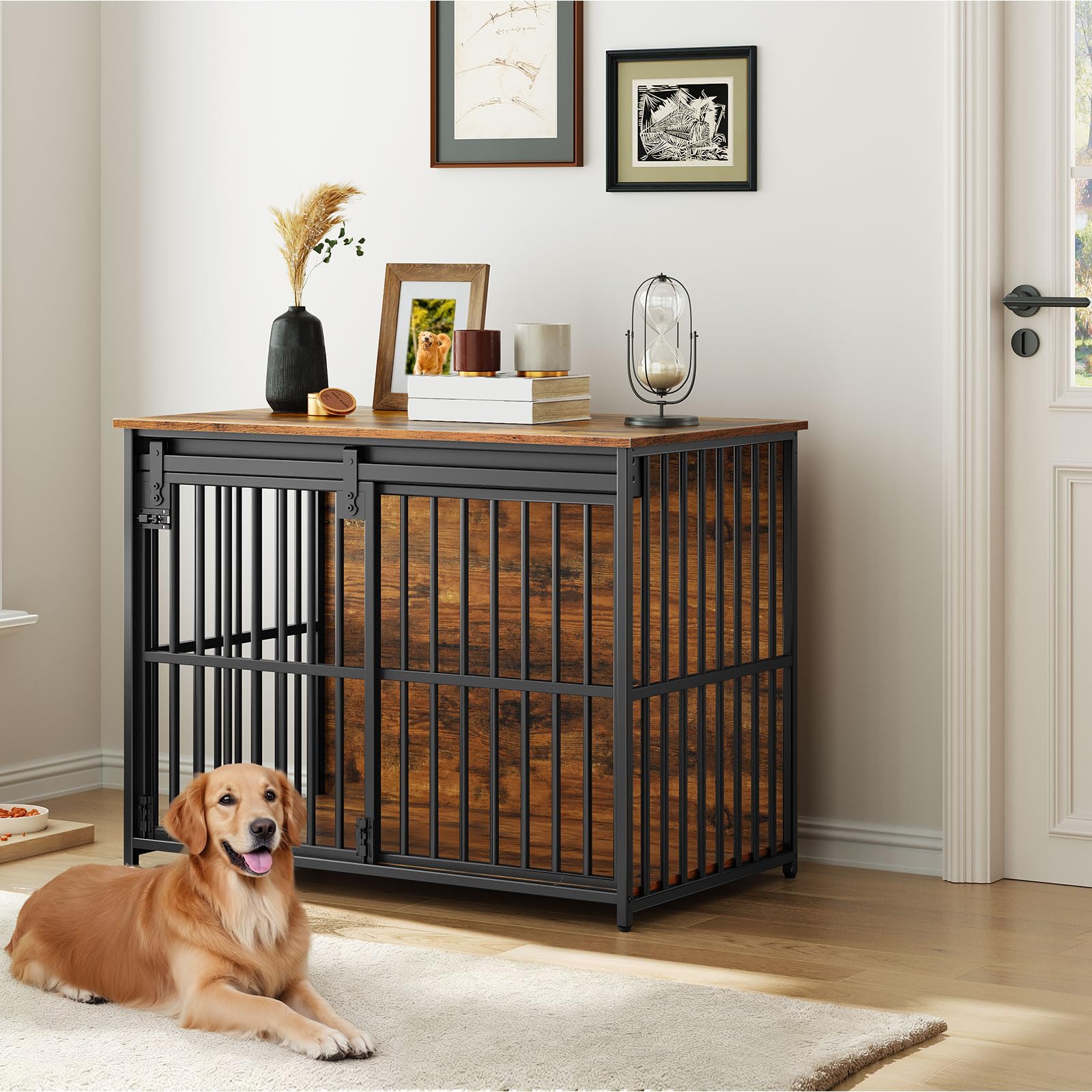 HOOBRO dog crate furniture rustic-tone finish complements decor