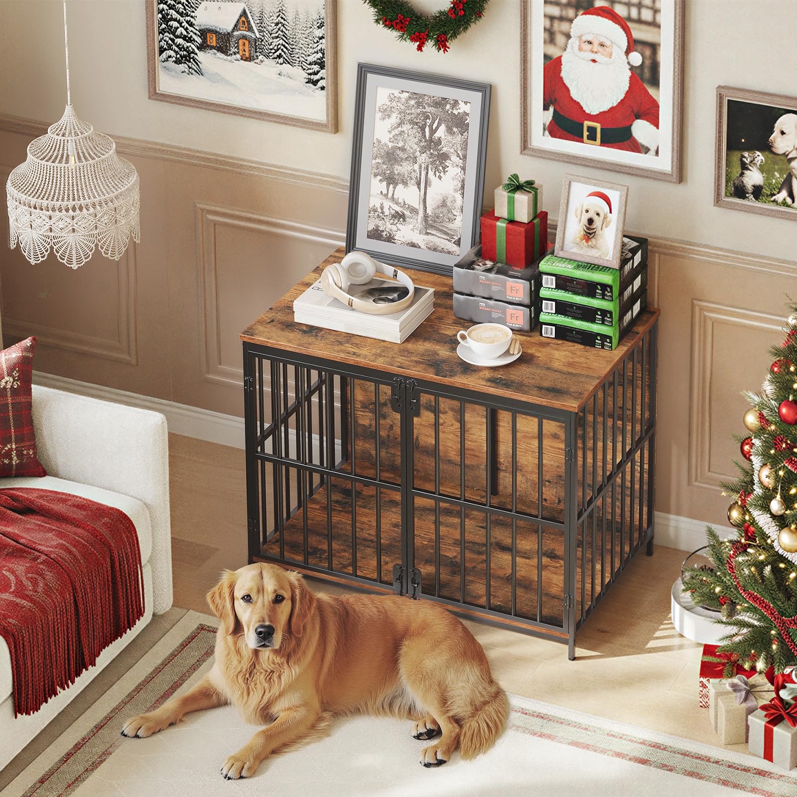 HOOBRO dog crate furniture side view highlighting rustic finish and space-saving design.