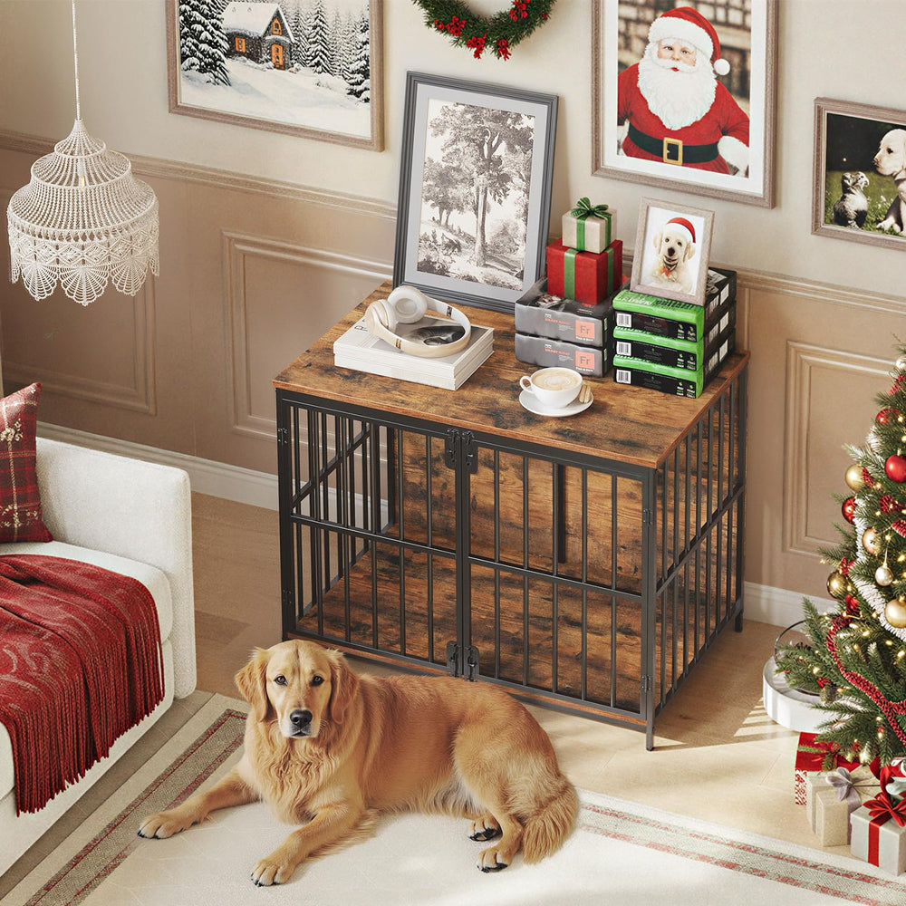 HOOBRO dog crate furniture side view highlighting rustic finish and space-saving design.