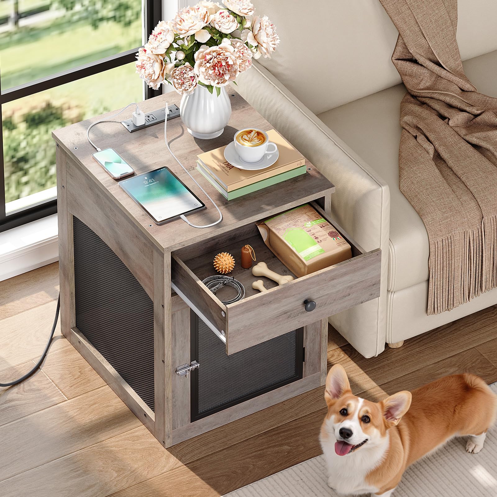 HOOBRO dog crate furniture ventilation mesh ensures airflow and visibility for small dogs.