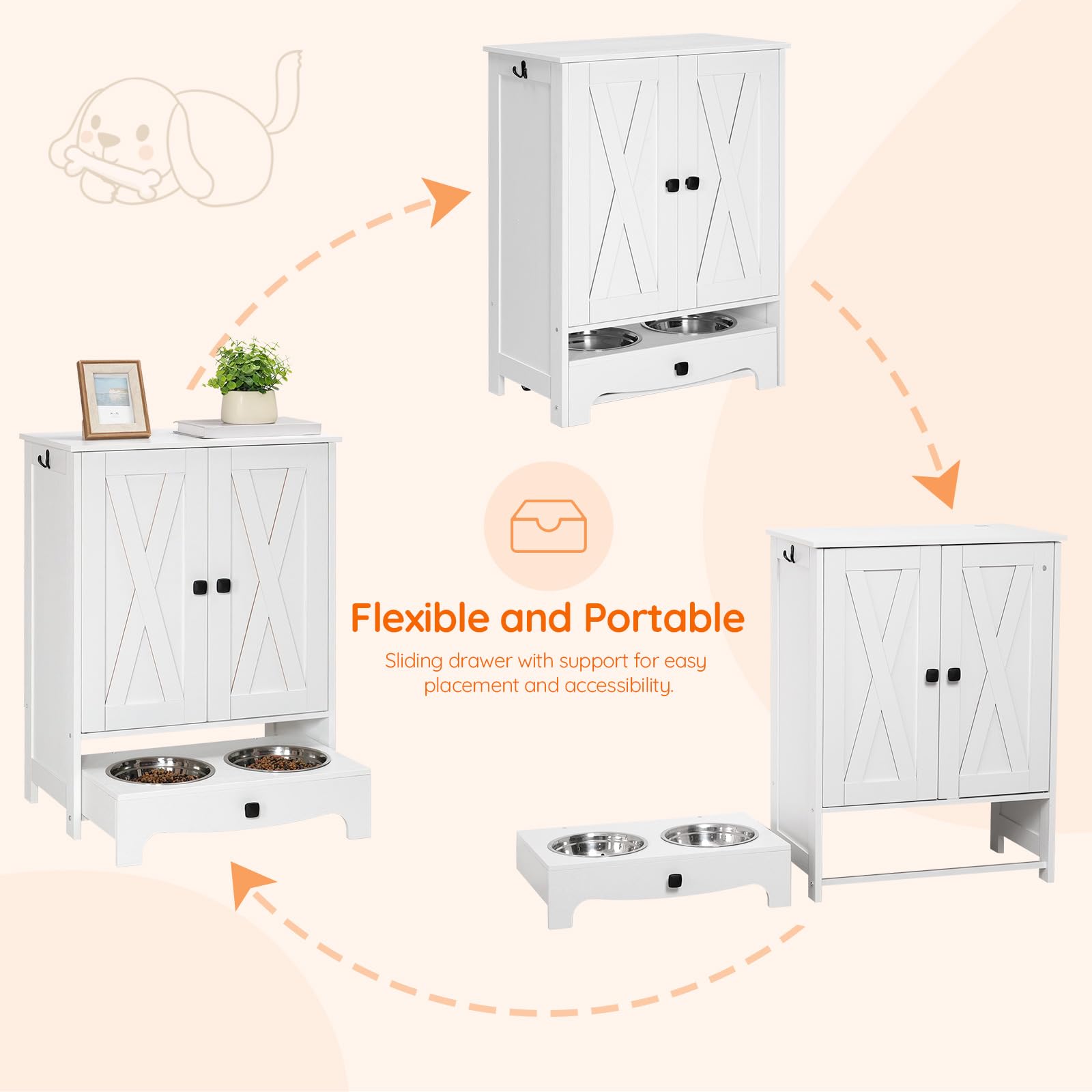 HOOBRO dog feeding station assembled shows quick setup with labeled parts and manual.