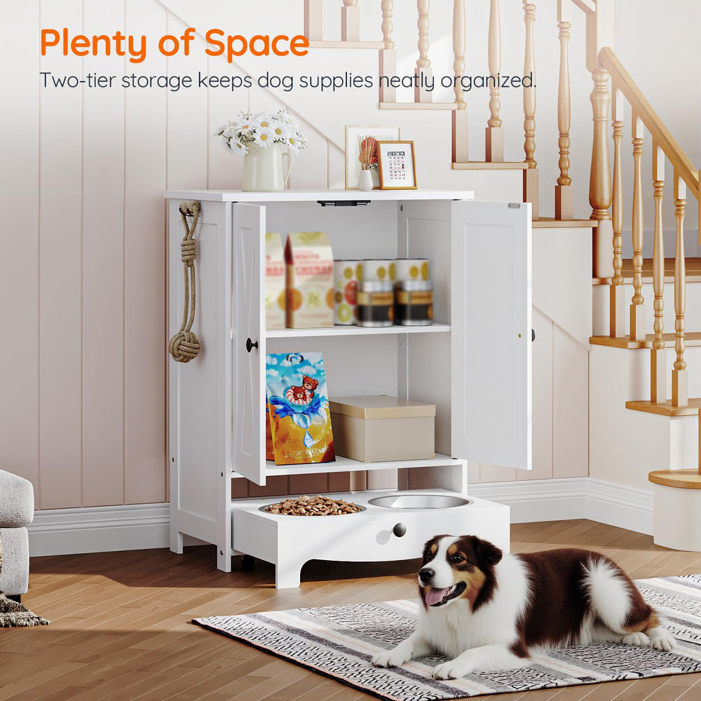 HOOBRO dog feeding station storage-shelf demonstrates adjustable height for food and toys.