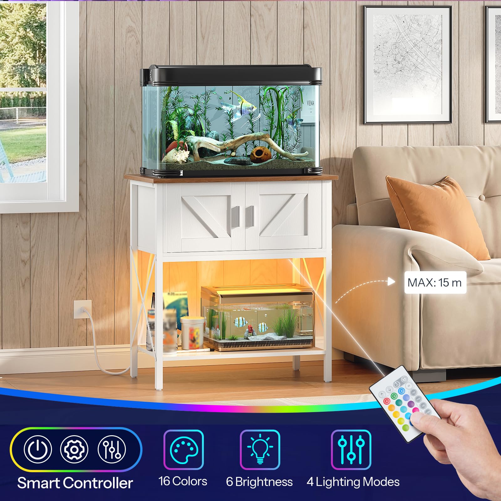 HOOBRO LED-light with color modes enhances tank ambience.