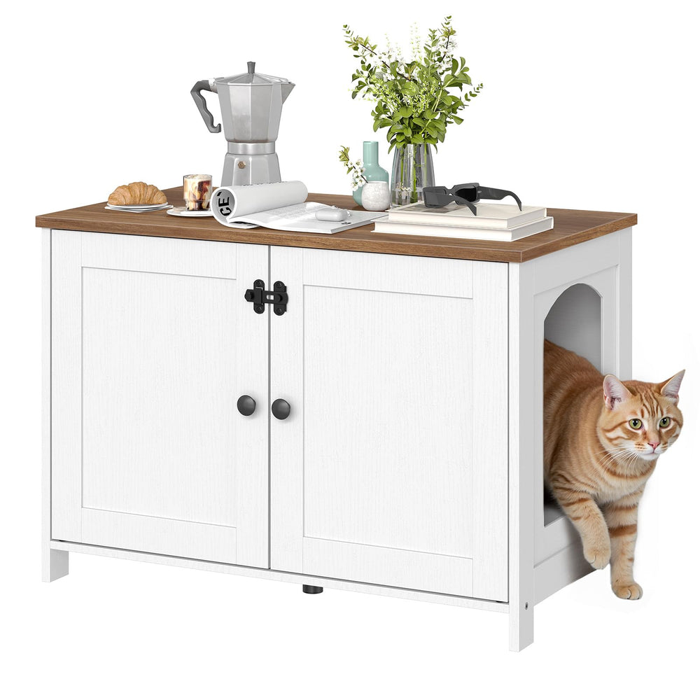HOOBRO white-walnut enclosure blends with decor and minimizes litter scatter.