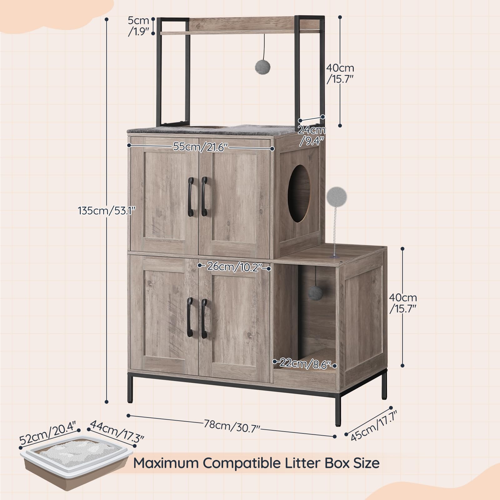 HOOBRO litter box enclosure fenced top holds treats and toys