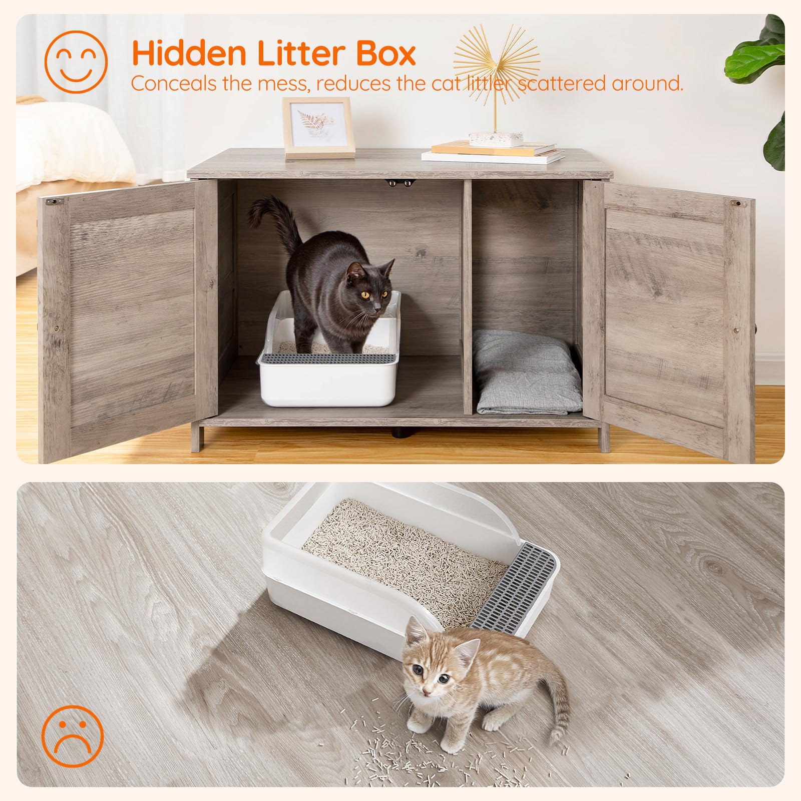HOOBRO litter box enclosure-large-interior-space shows fit for most litter boxes and larger cats.