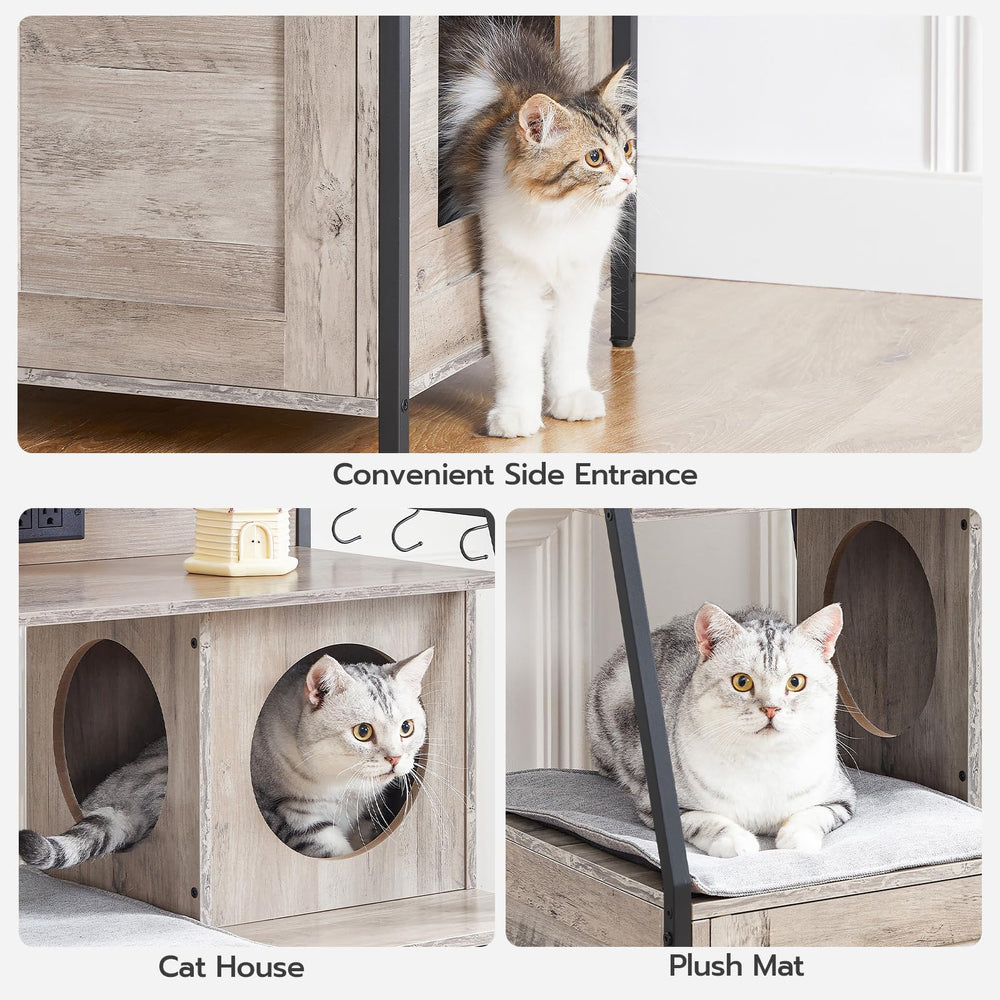 HOOBRO litter box enclosure open shelves organize food, litter, and toys neatly.