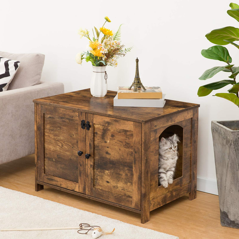 HOOBRO Litter Box Enclosure removable divider highlights interior customization.