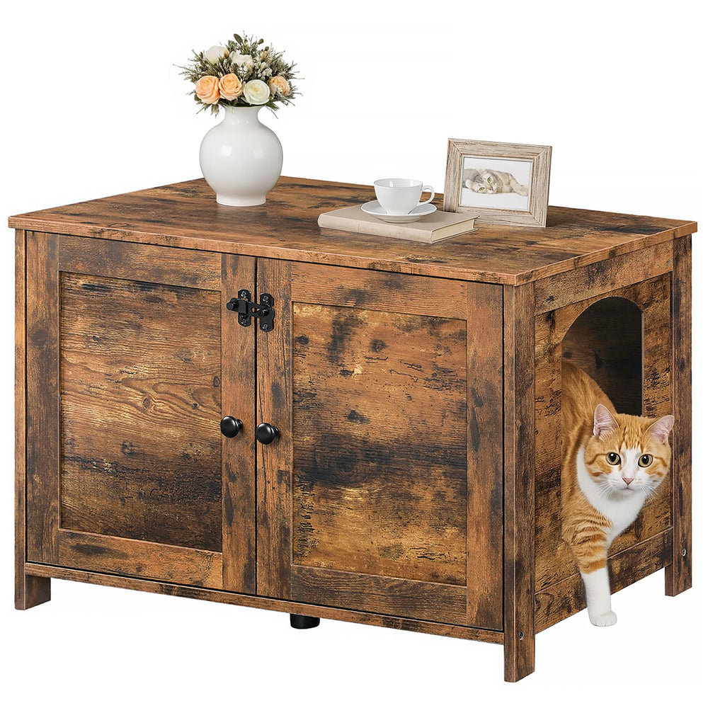 HOOBRO Litter Box Enclosure rustic brown finish complements warm home decor.