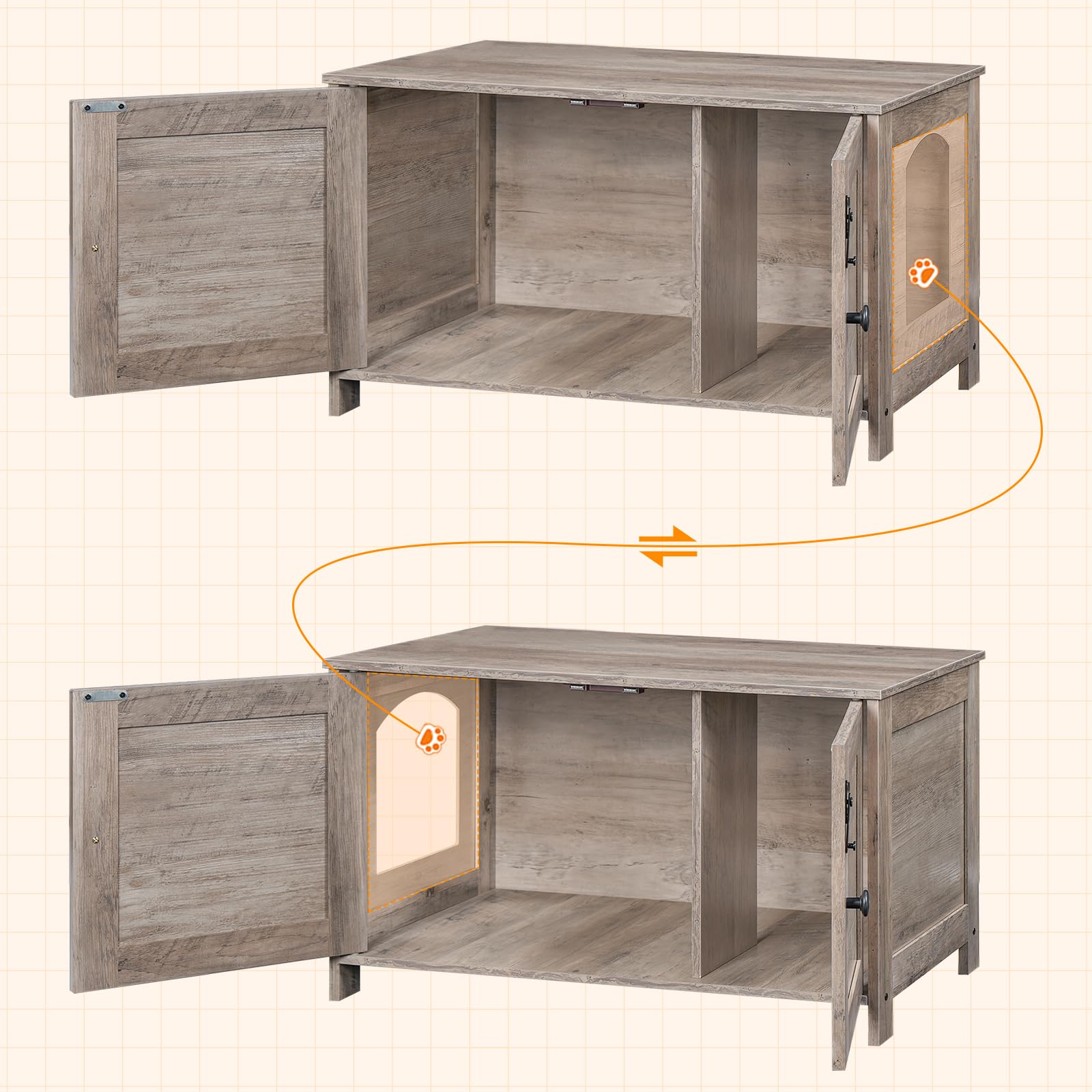 HOOBRO litter box enclosure-wood-griege-finish complements home interiors while concealing a litter area.