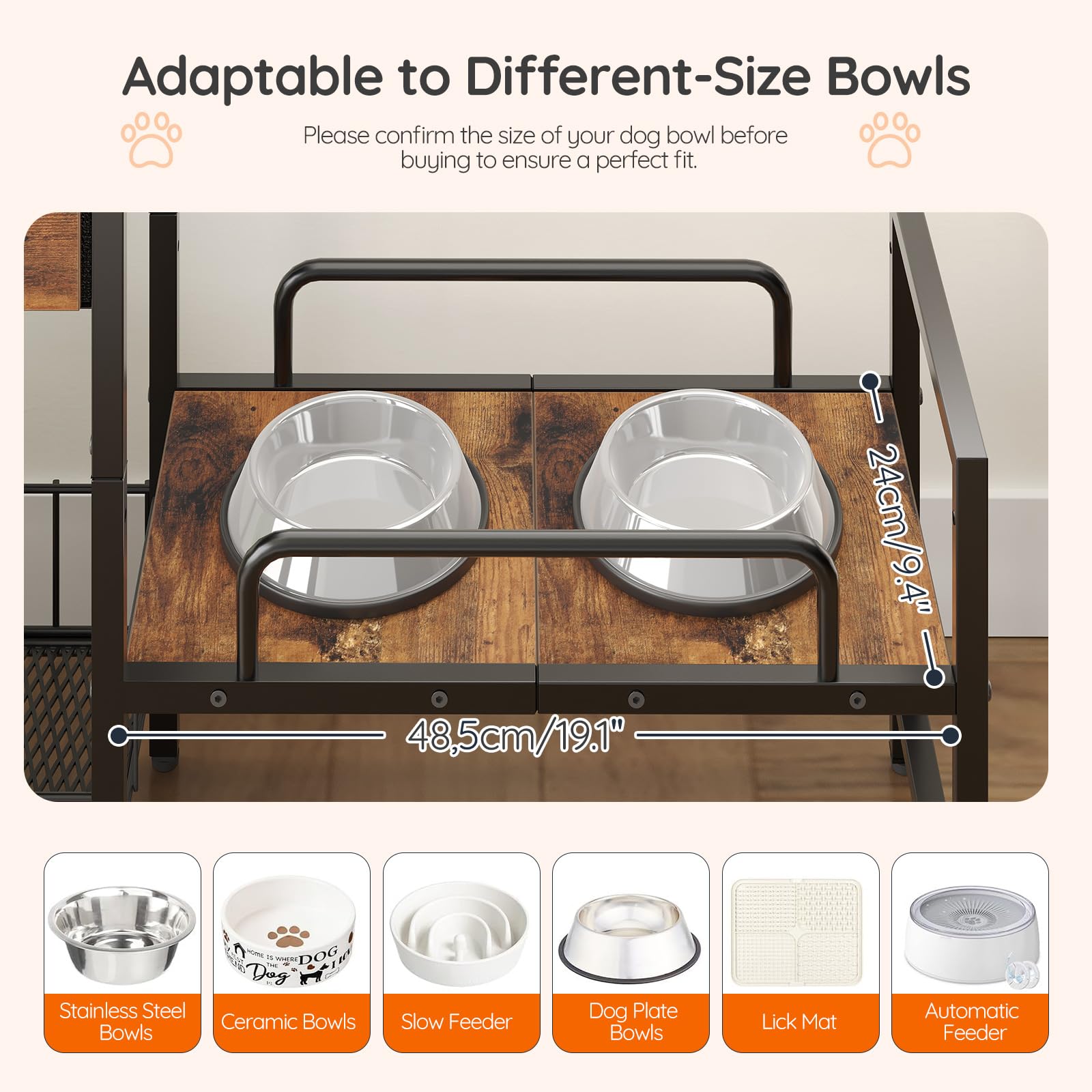 HOOBRO raised dog bowl stand with leash hooks helps tidy walks and play