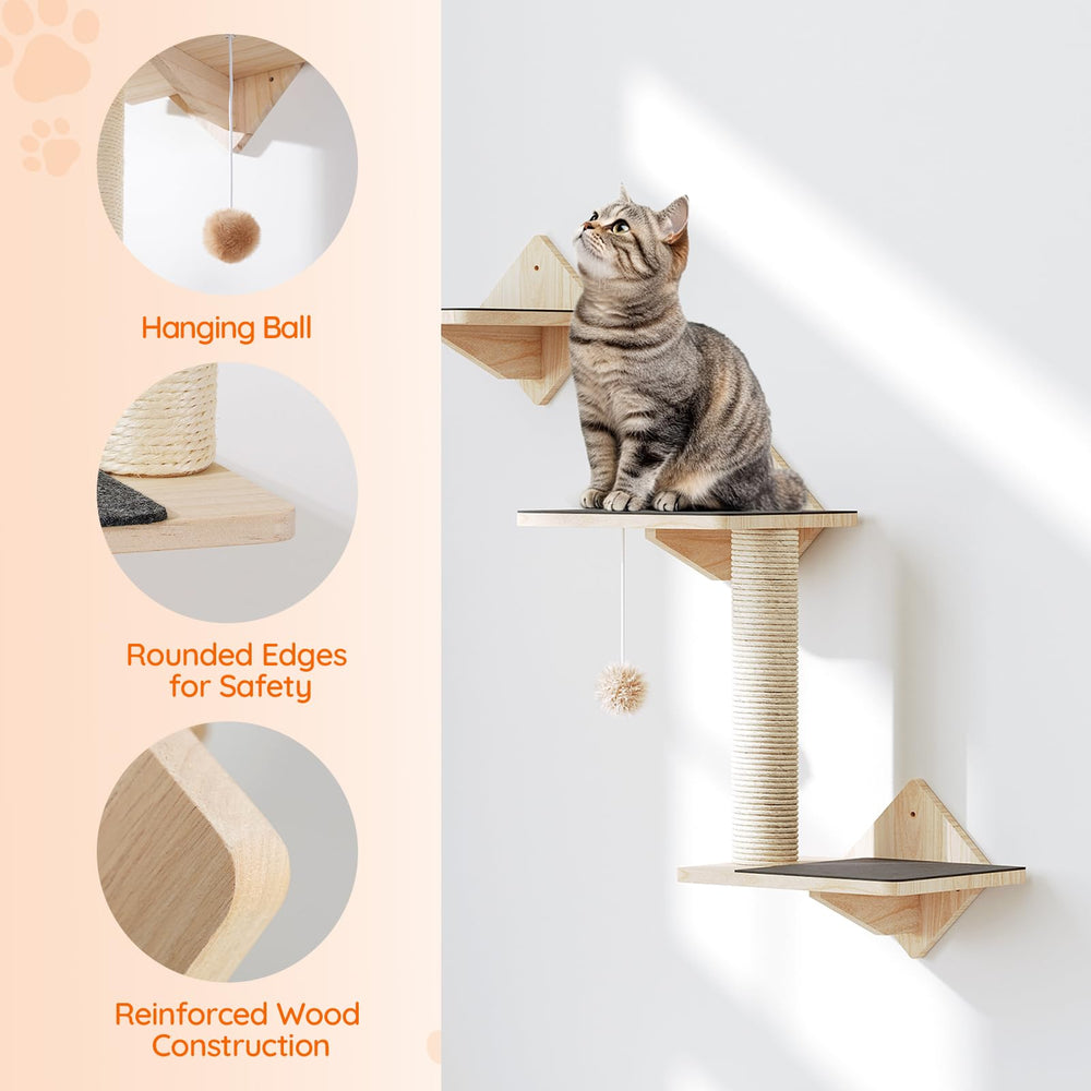 HOOBRO Wood Cat Wall Shelves anti-slip surface for secure footing.