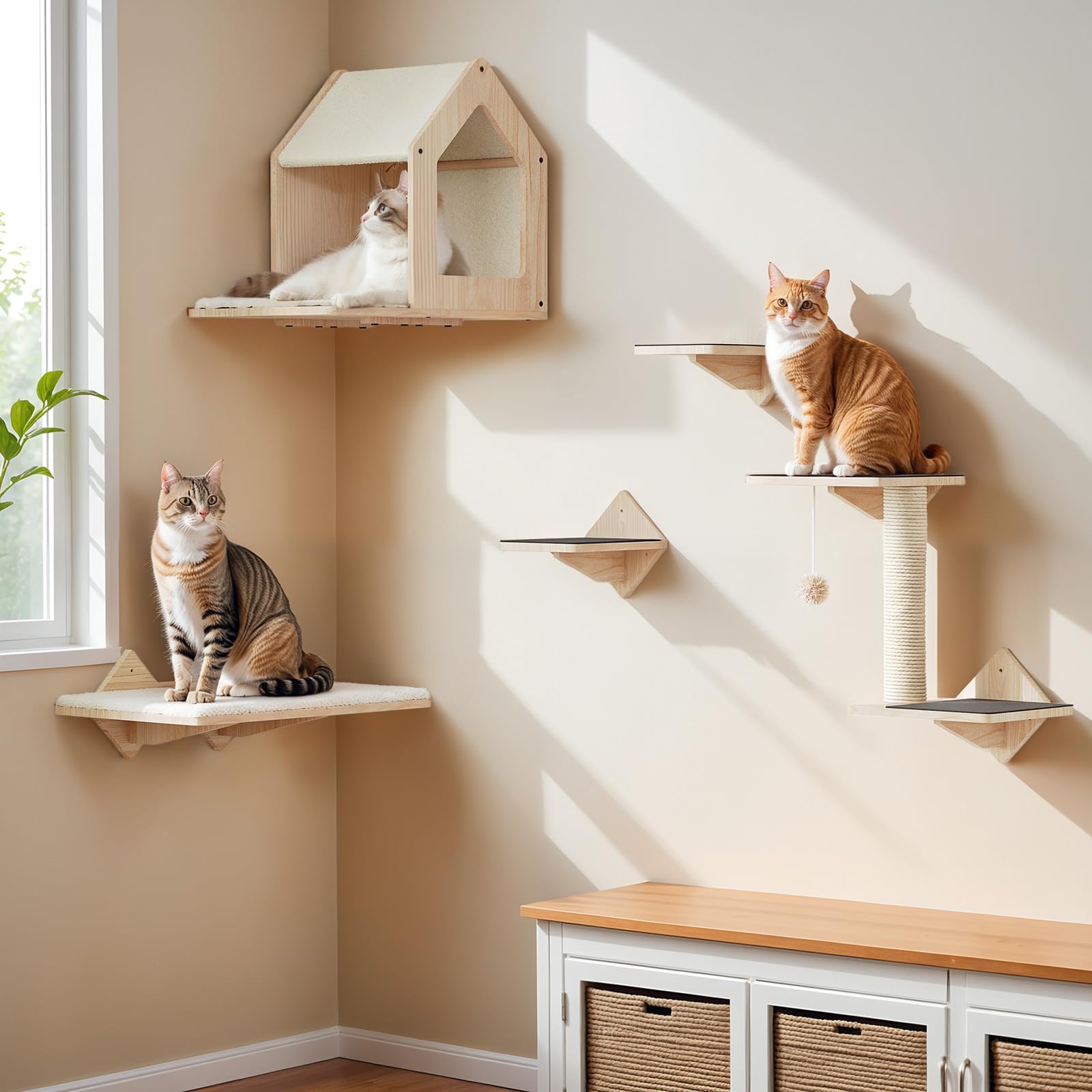 HOOBRO Wood Cat Wall Shelves flexible layout adapts to rooms.