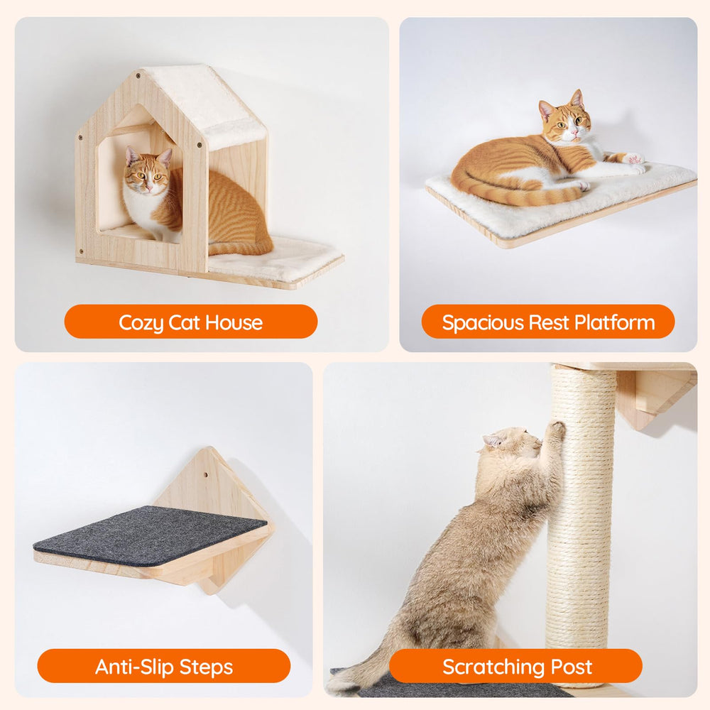 HOOBRO Wood Cat Wall Shelves solid wood construction for durability.