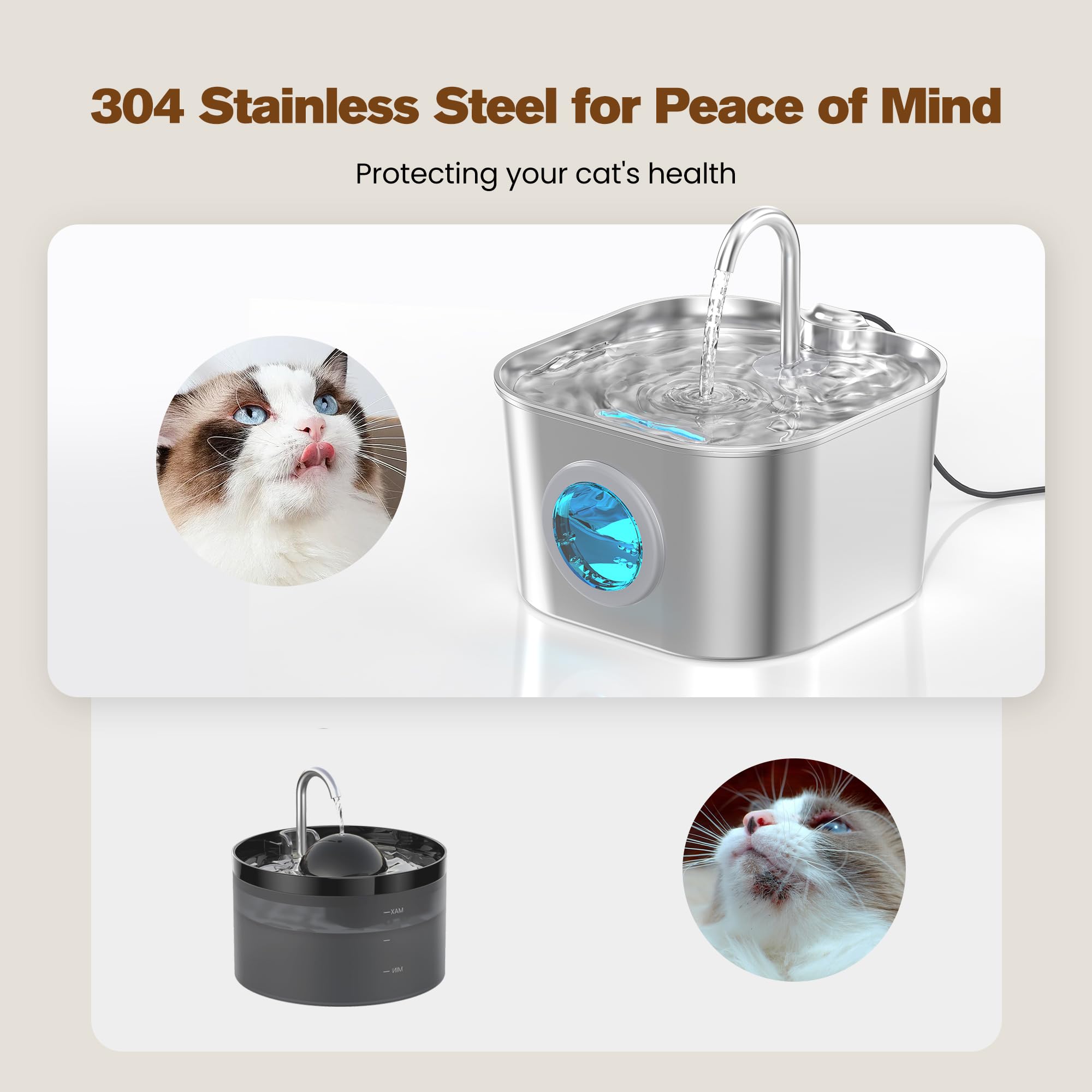 HOOISE Cat Water Fountain 24h flowing water image focus highlights constant hydration appeal.
