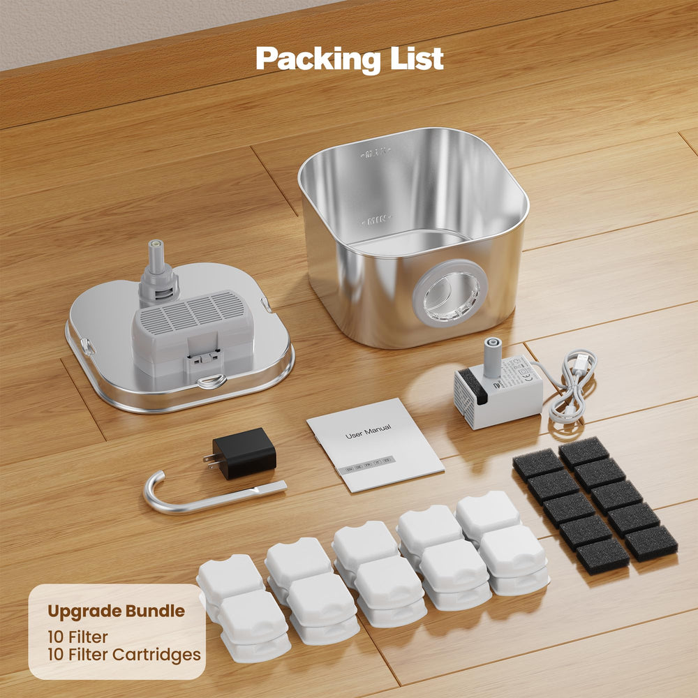 HOOISE Cat Water Fountain included items image spotlights 10 filters and 10 sponges.