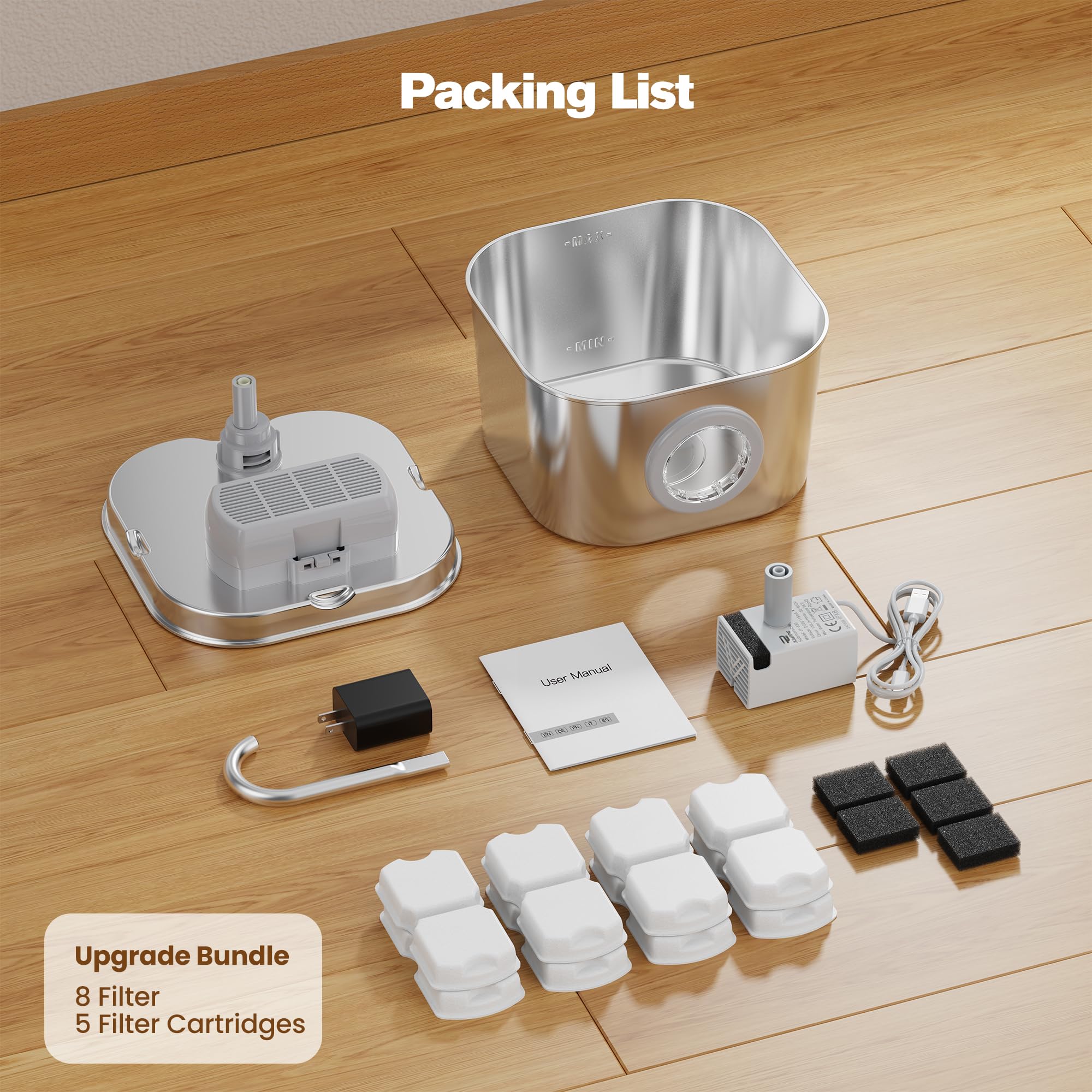 HOOISE cat water fountain filter bundles indicate easy replacement.
