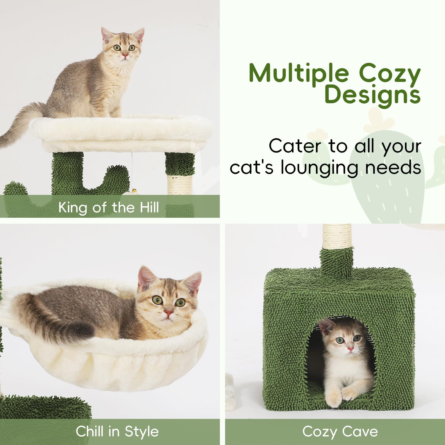HOOPET cactus cat tree sisal posts demonstrate durable scratching surfaces for kitten play.