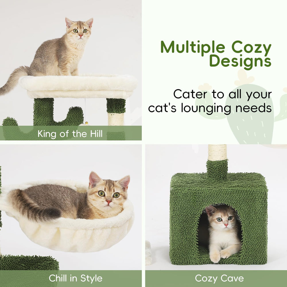 HOOPET cactus cat tree sisal posts demonstrate durable scratching surfaces for kitten play.