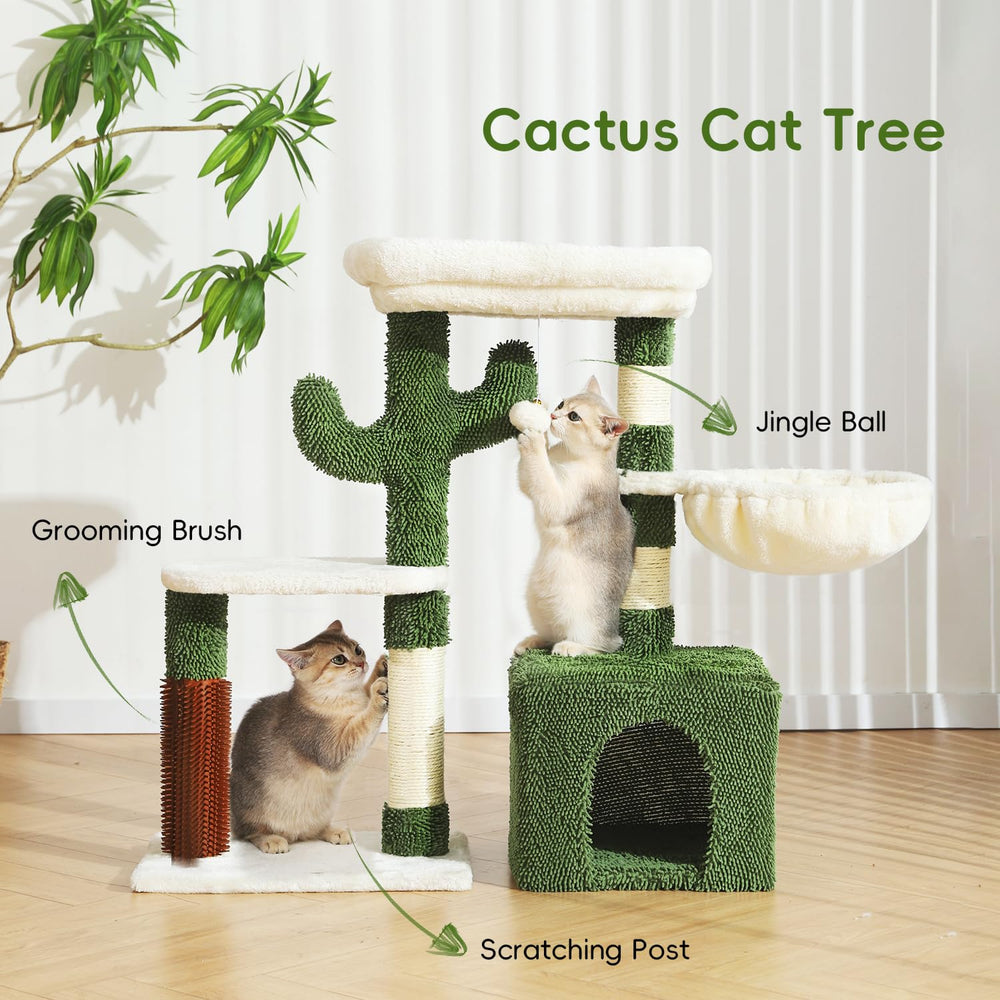 HOOPET cat tree hanging ball engages play while the bell invites interactive entertainment.