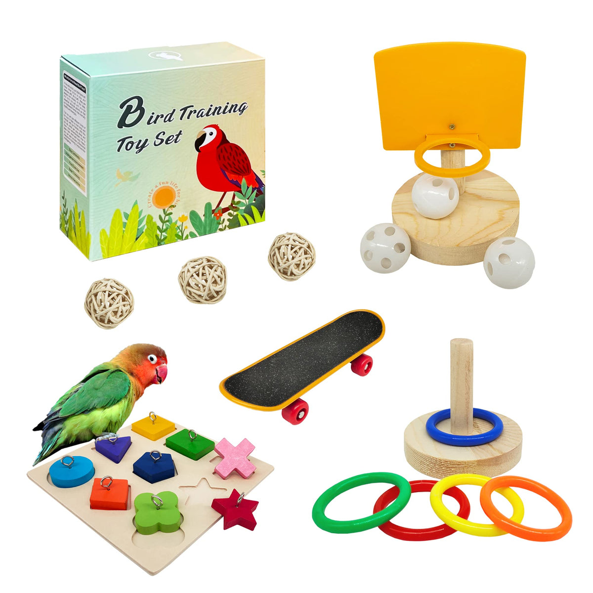 HOORITO bird basketball toy engages parakeet and promotes indoor play.