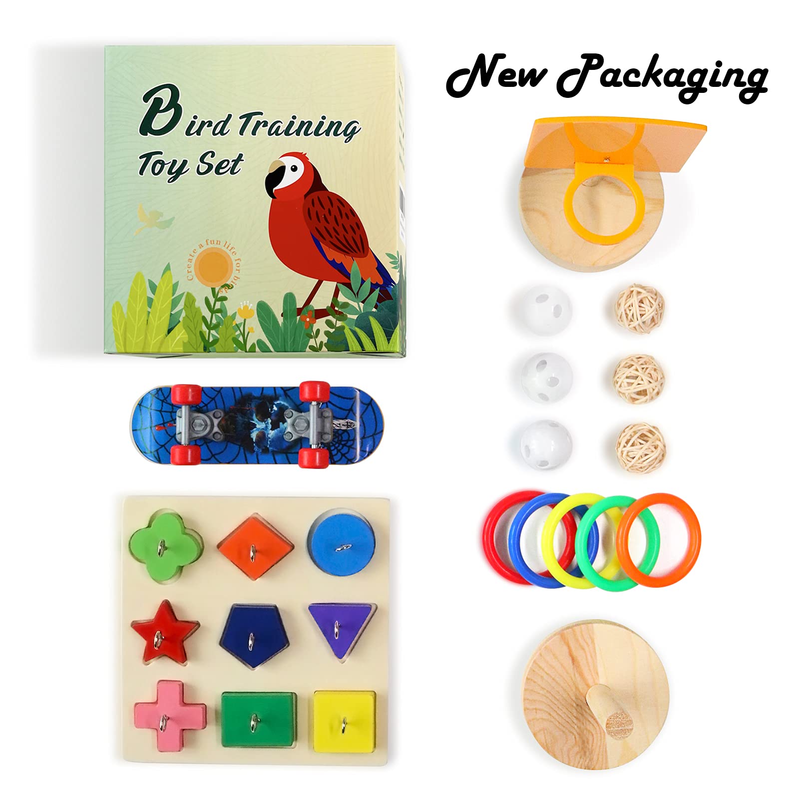 HOORITO parakeet toy set packaging image shows colorful enrichment options.