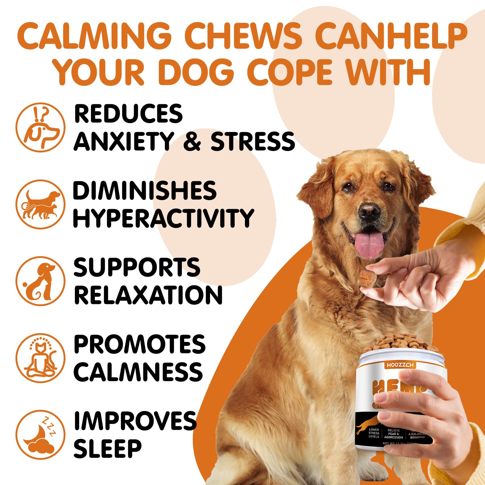 Hoozzch Calming Chews chicken-flavor closeup tasty relief for anxious pups.