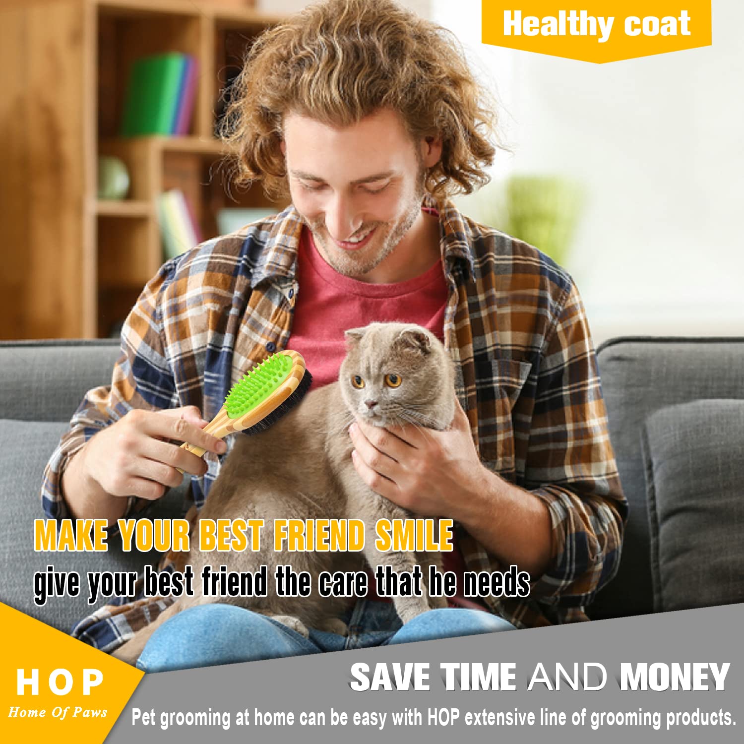 HOP Home of Paws ergonomic handle brush, comfortable grip for extended grooming sessions.