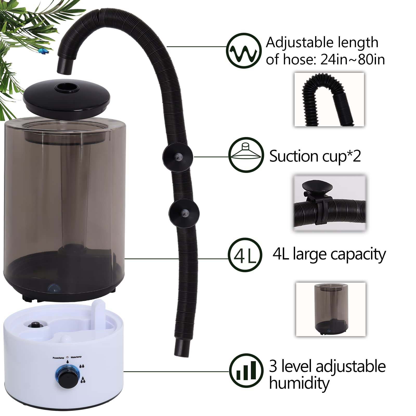 Hoqqf extended hose mist output for flexible terrarium placement.