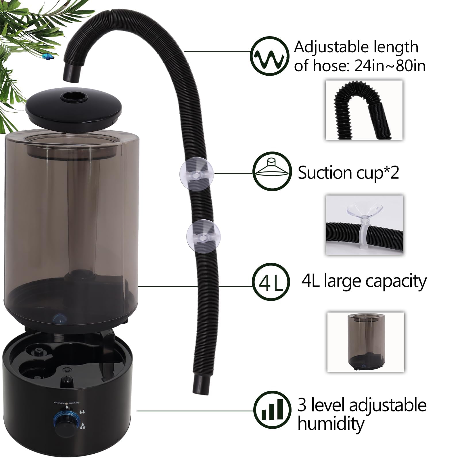 Hoqqf extended-hose setup demonstrates flexible mist reach for terrarium layouts.