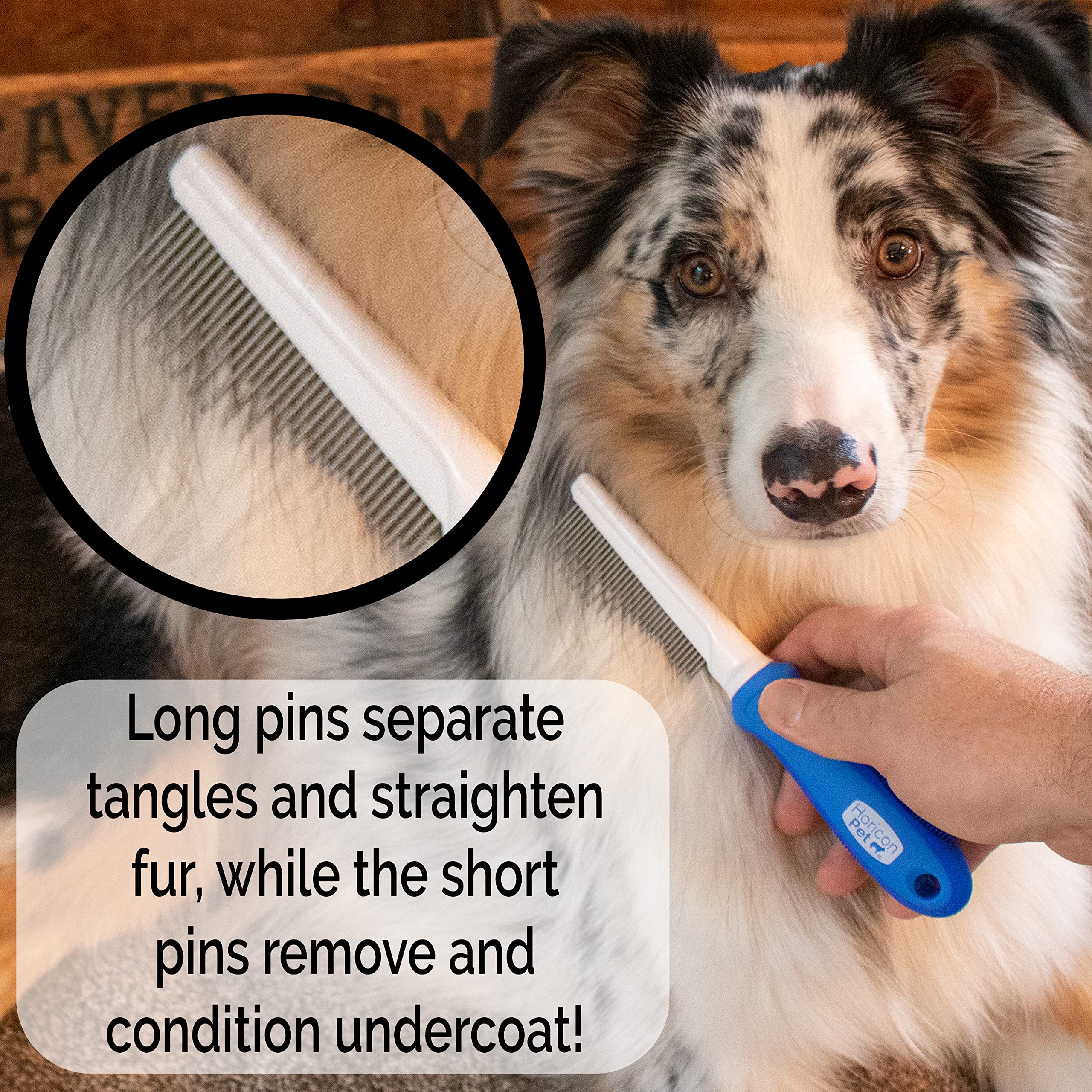 Horicon Pet detangling dog comb durable head close-up for long-lasting use.