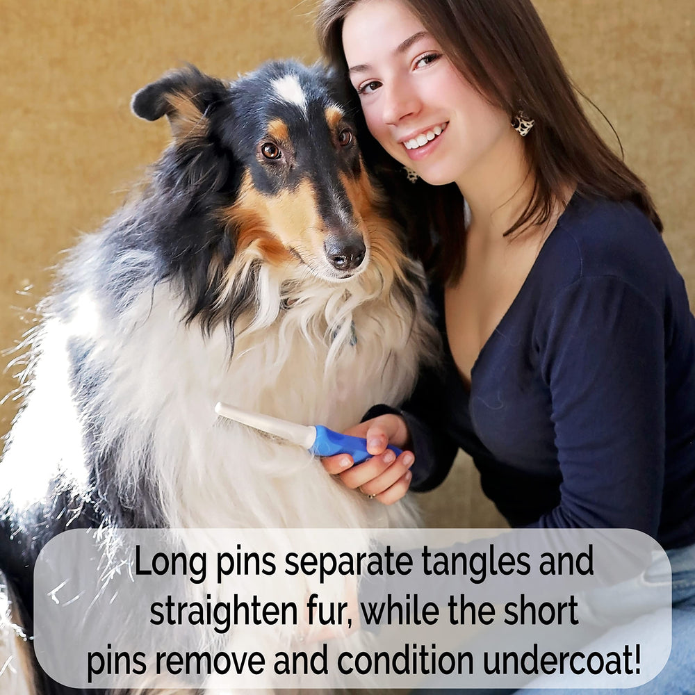 Horicon Pet detangling dog comb close-up on long pins detangling top coat.